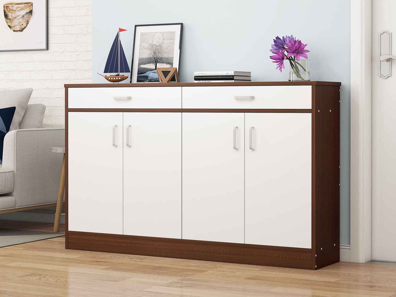 Elements 4-Door Double Buffet Shoe Storage Cabinet (Walnut & White) - Image 5