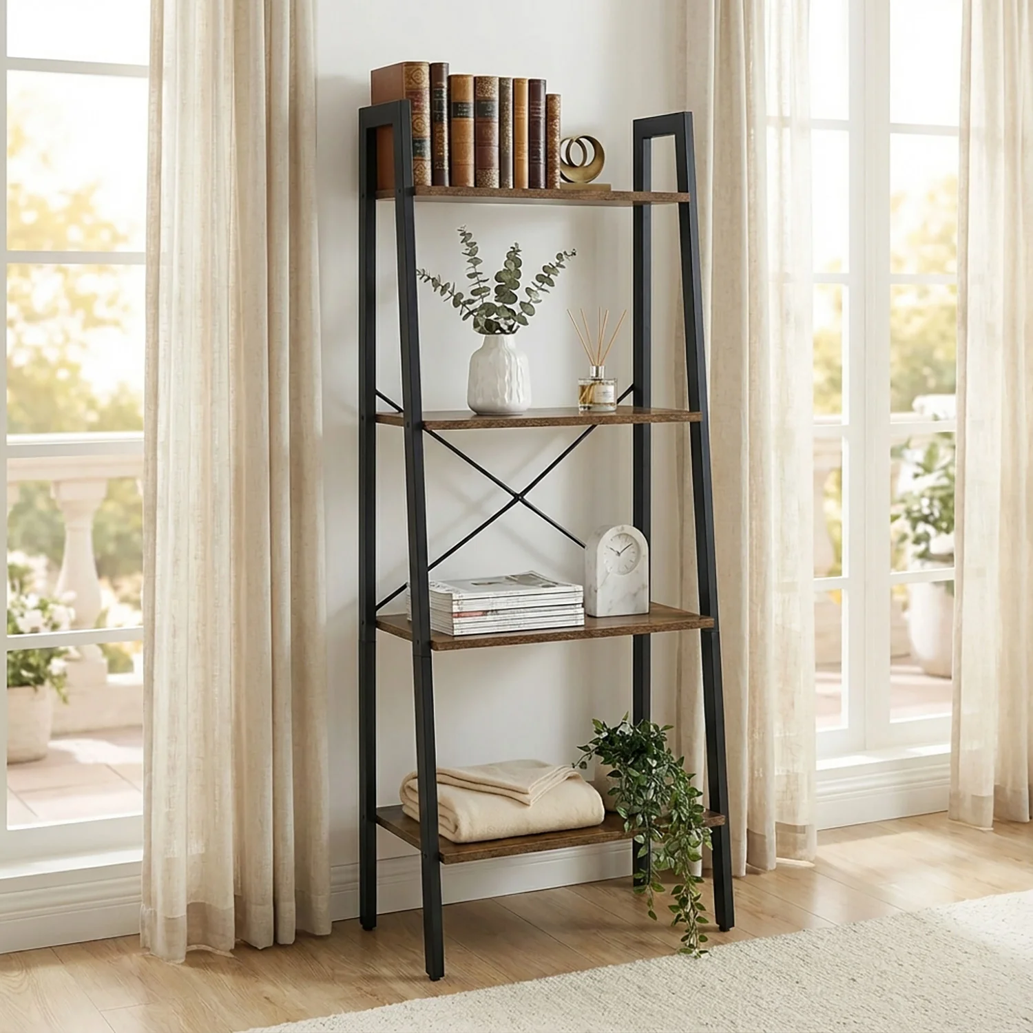 Elevate Rustic Wood & Metal 4-Tier Ladder Shelf Bookcase Storage Organizer - Image 11