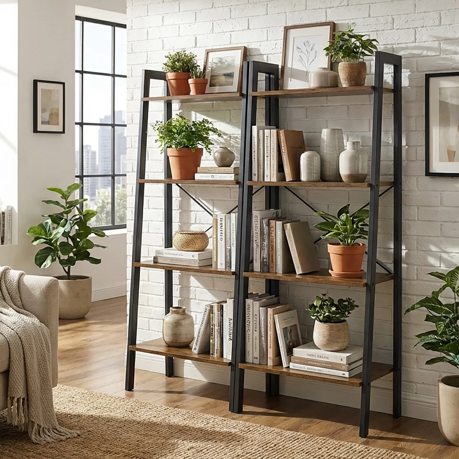 Elevate Rustic Wood & Metal 4-Tier Ladder Shelf Bookcase Storage Organizer - Image 12