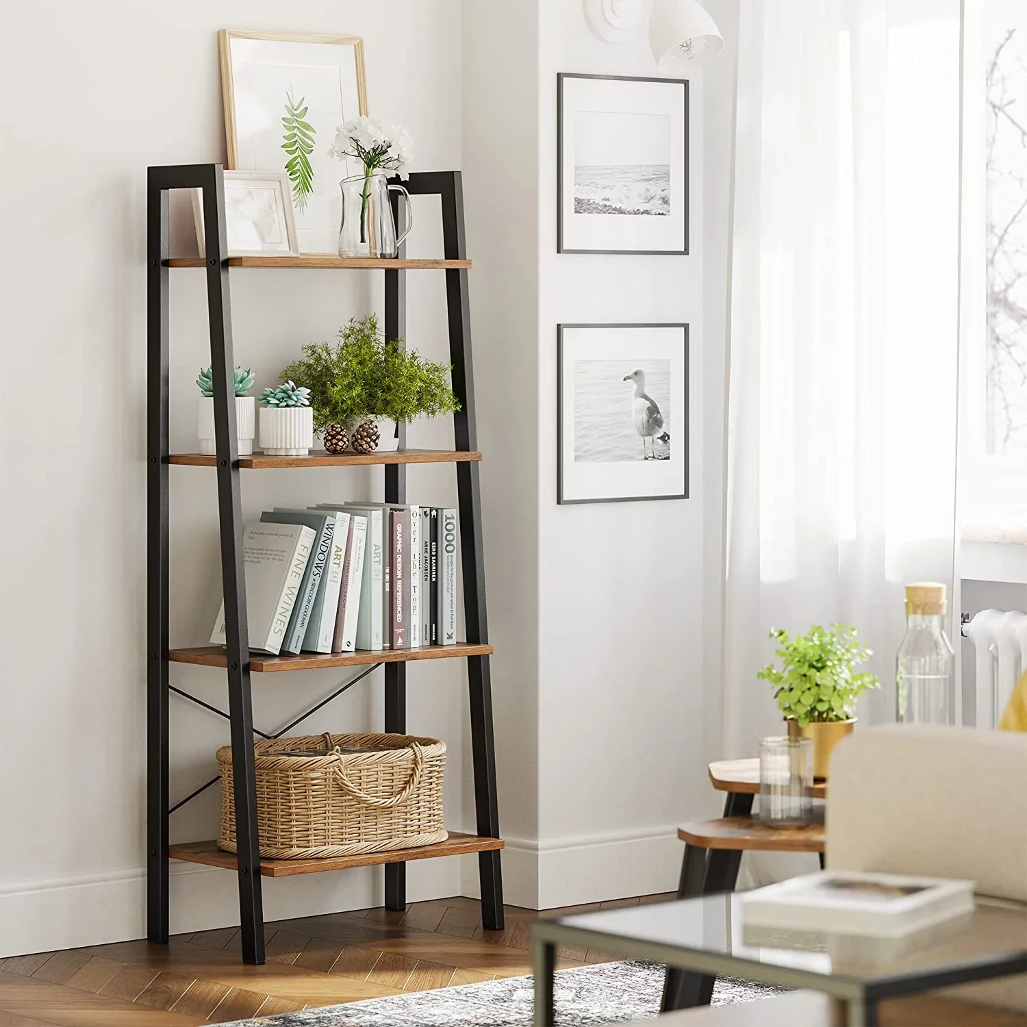 Elevate Rustic Wood & Metal 4-Tier Ladder Shelf Bookcase Storage Organizer - Image 15