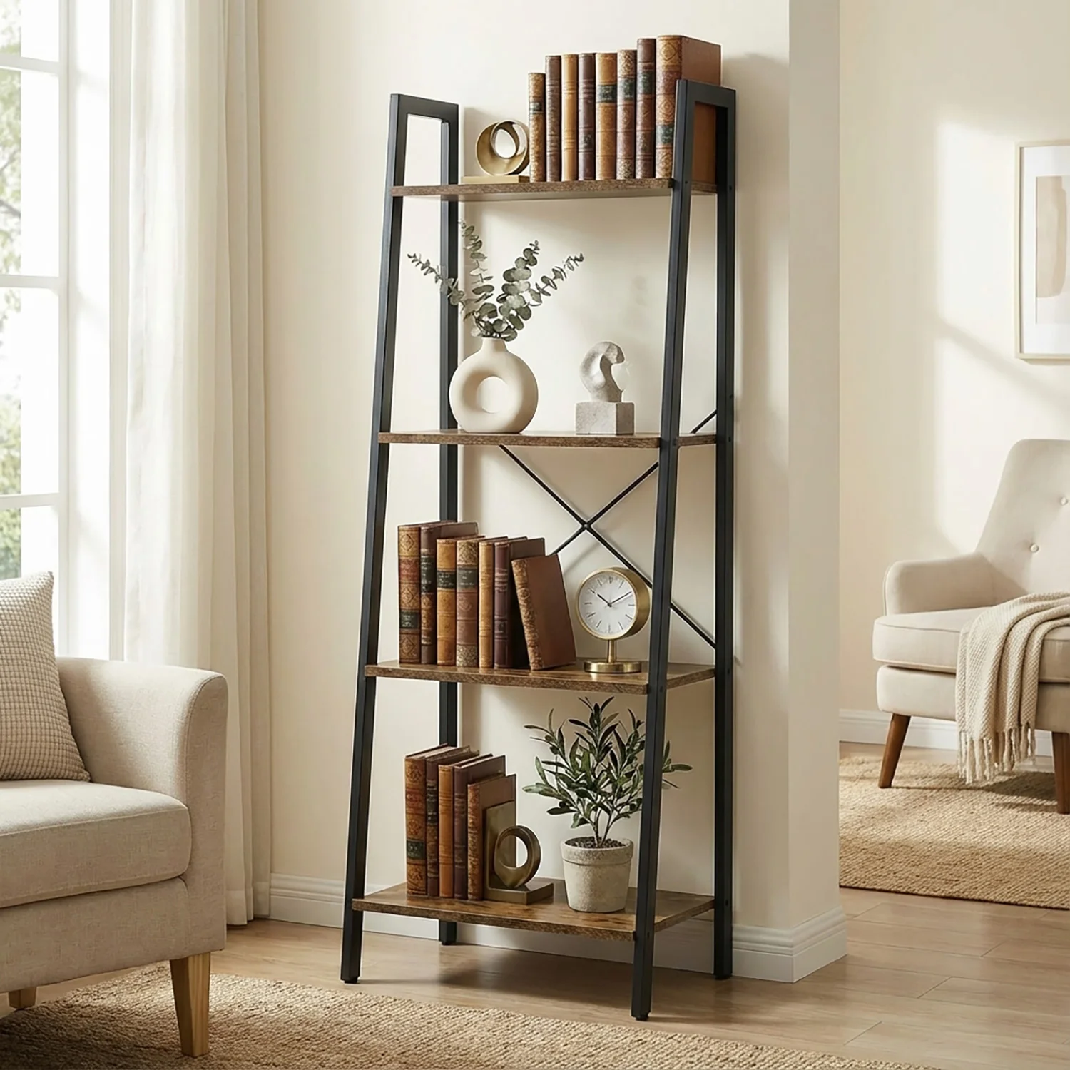 Elevate Rustic Wood & Metal 4-Tier Ladder Shelf Bookcase Storage Organizer - Image 18