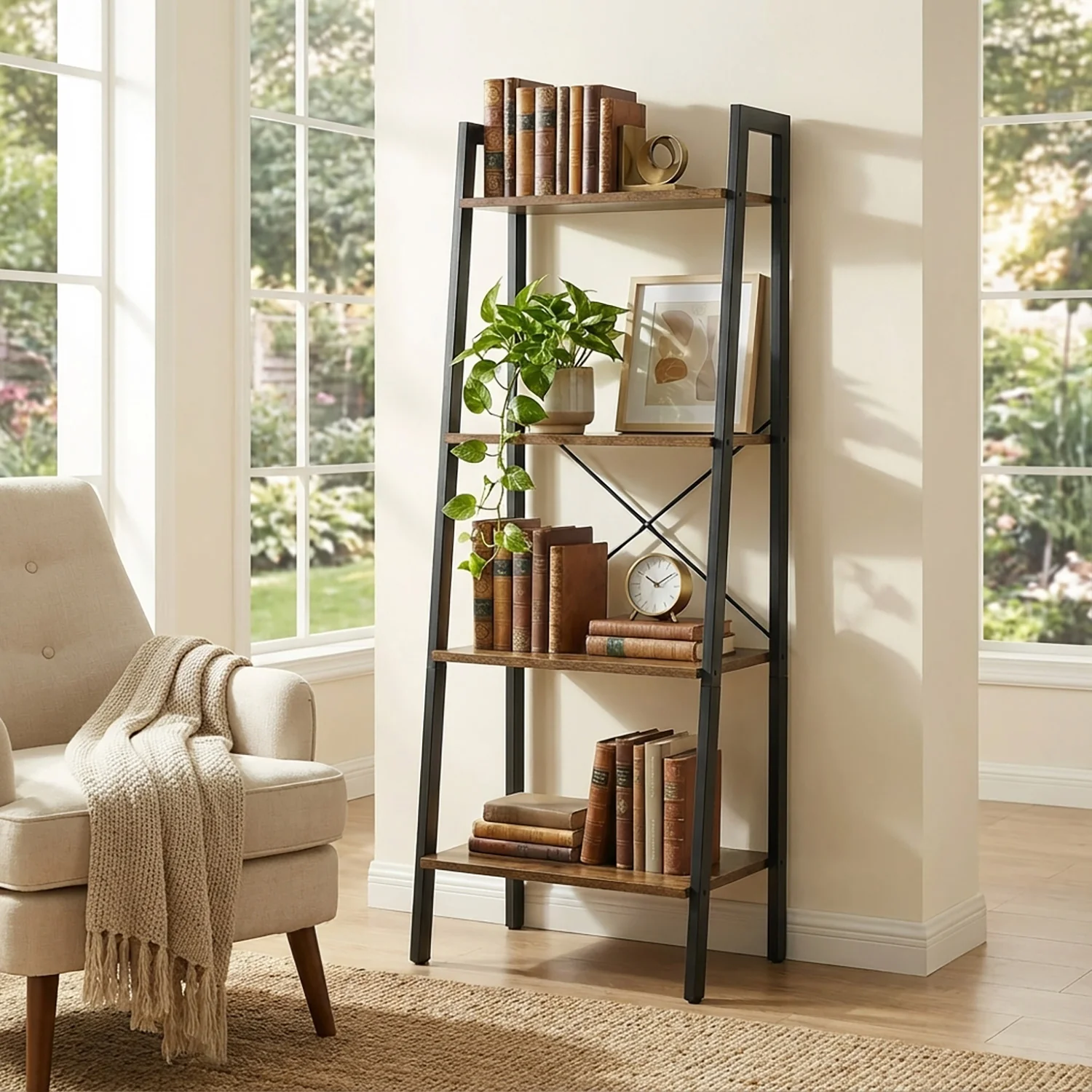 Elevate Rustic Wood & Metal 4-Tier Ladder Shelf Bookcase Storage Organizer - Image 19