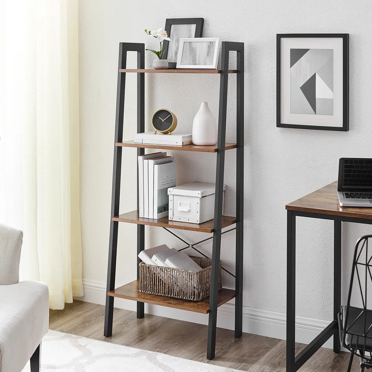 Elevate Rustic Wood & Metal 4-Tier Ladder Shelf Bookcase Storage Organizer - Image 20