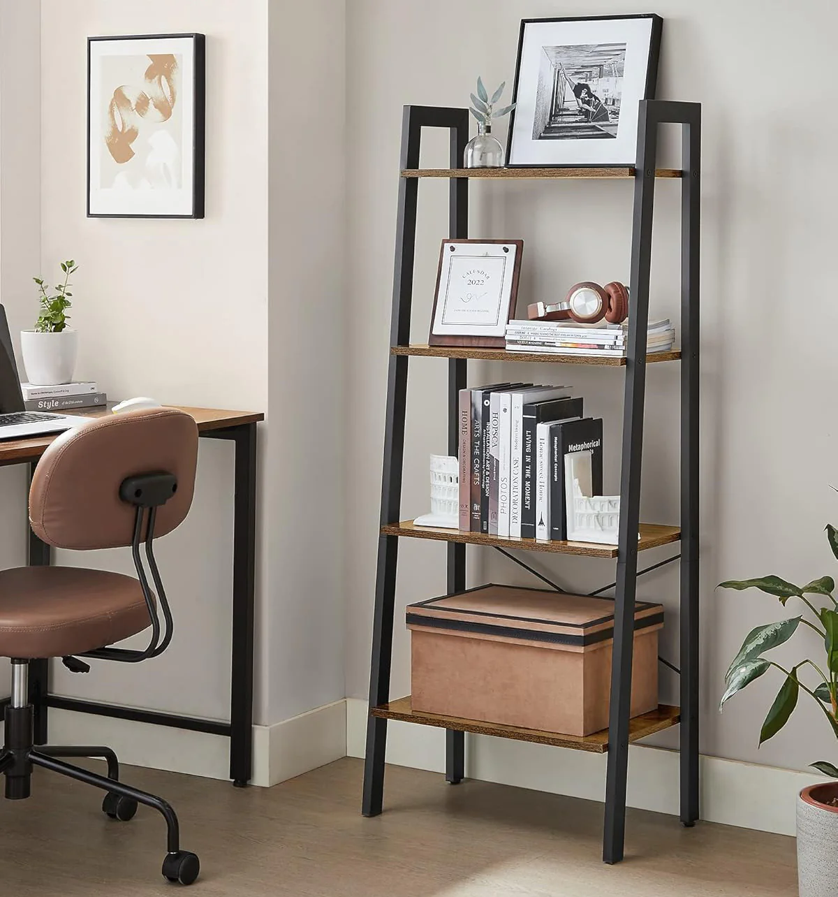 Elevate Rustic Wood & Metal 4-Tier Ladder Shelf Bookcase Storage Organizer - Image 22