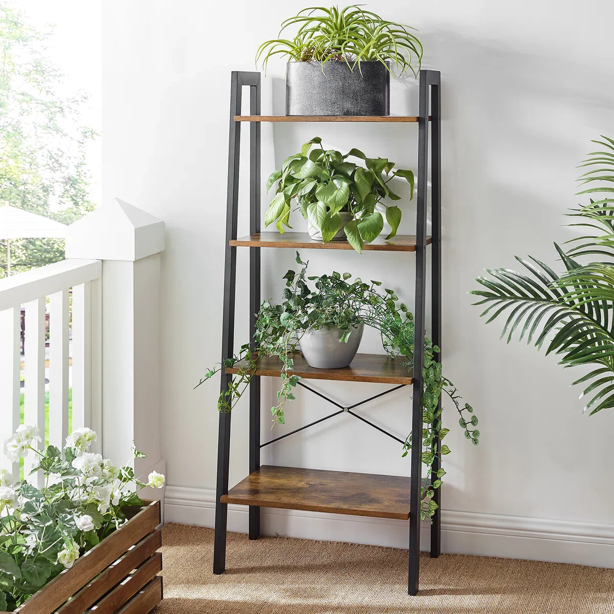 Elevate Rustic Wood & Metal 4-Tier Ladder Shelf Bookcase Storage Organizer - Image 23