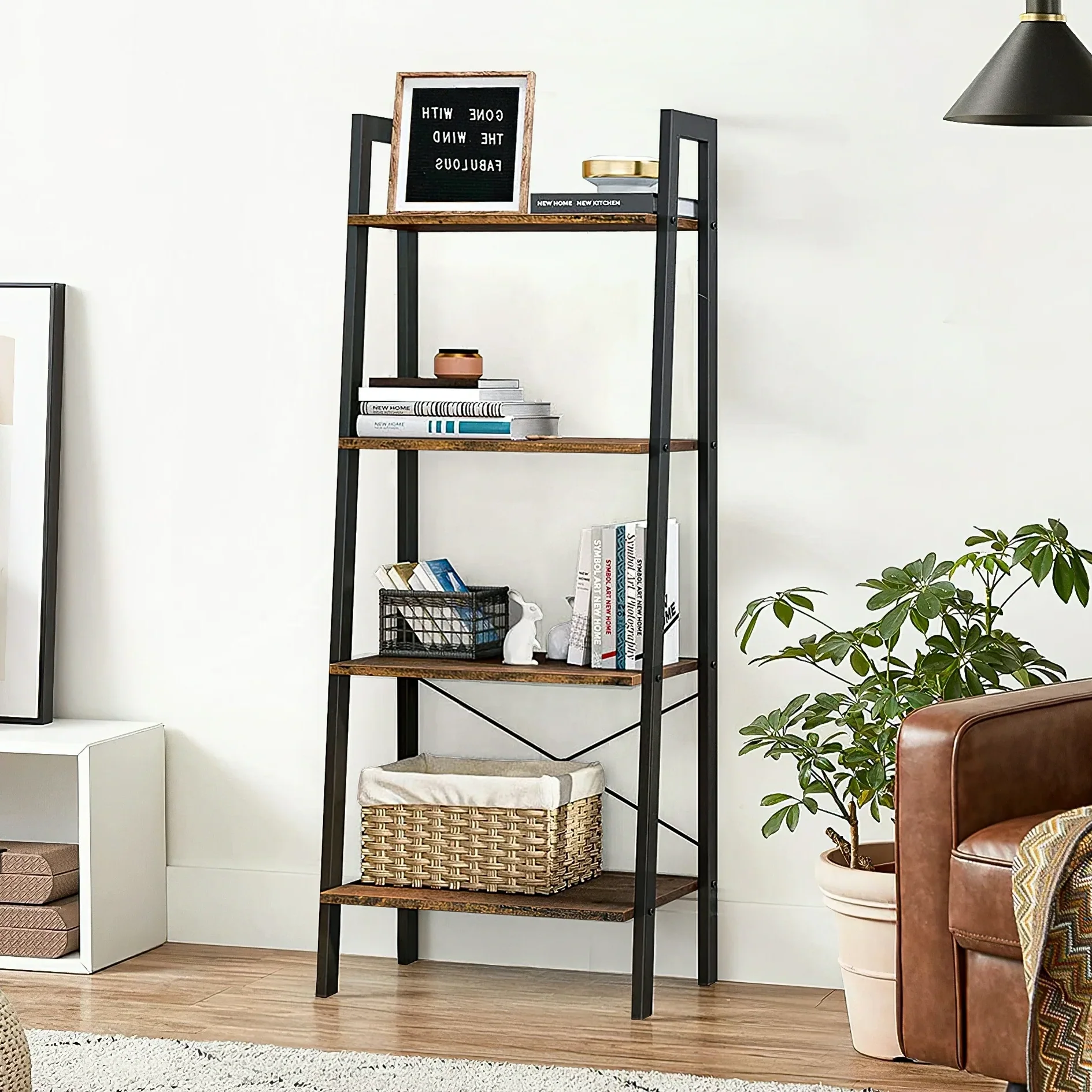 Elevate Rustic Wood & Metal 4-Tier Ladder Shelf Bookcase Storage Organizer - Image 25