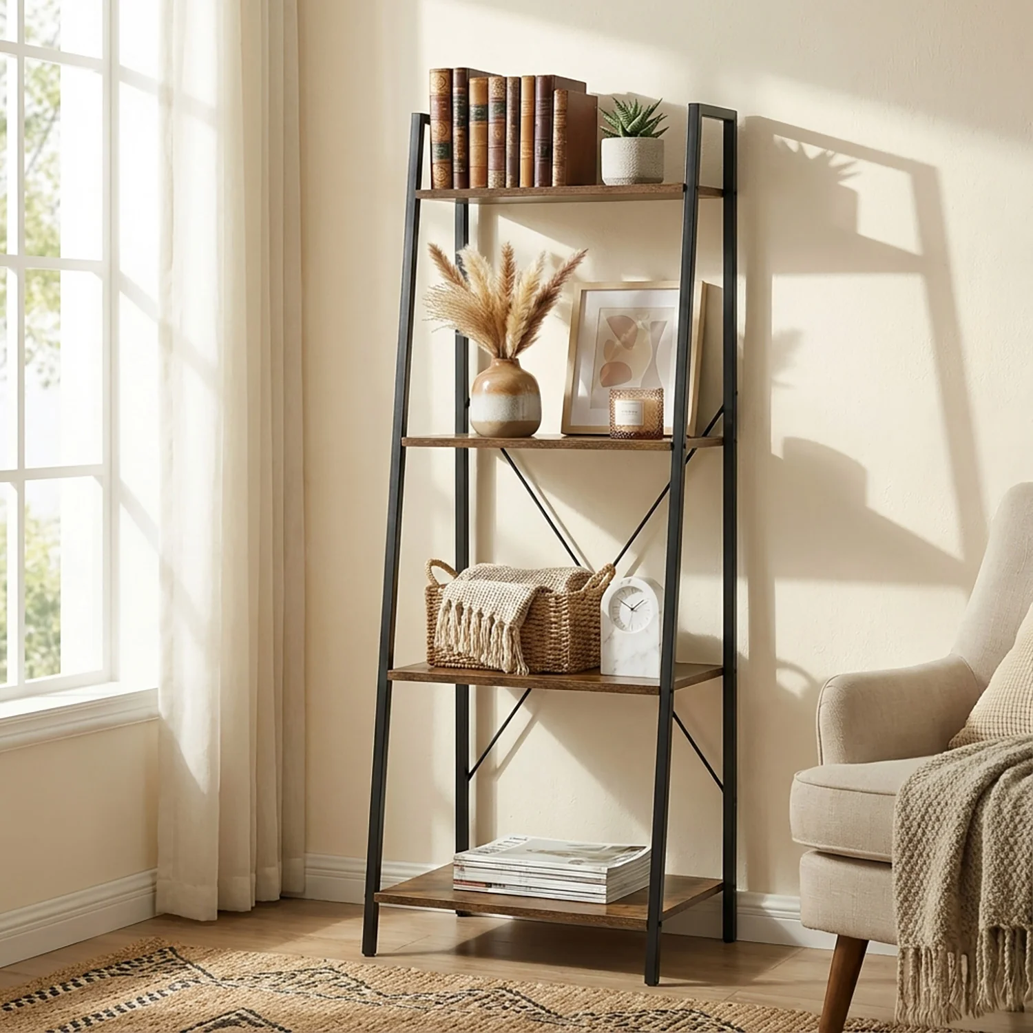 Elevate Rustic Wood & Metal 4-Tier Ladder Shelf Bookcase Storage Organizer - Image 26