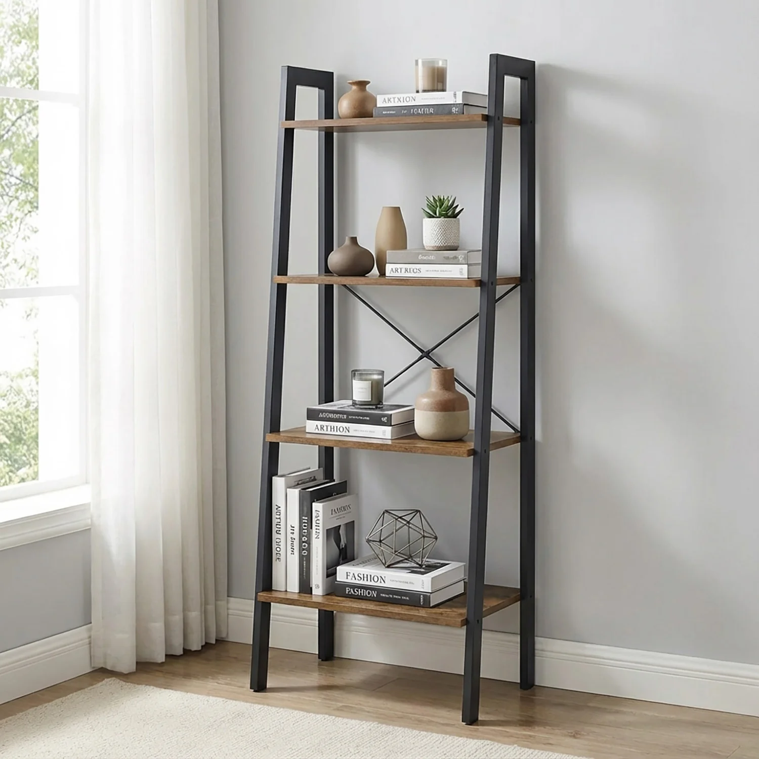 Elevate Rustic Wood & Metal 4-Tier Ladder Shelf Bookcase Storage Organizer - Image 3