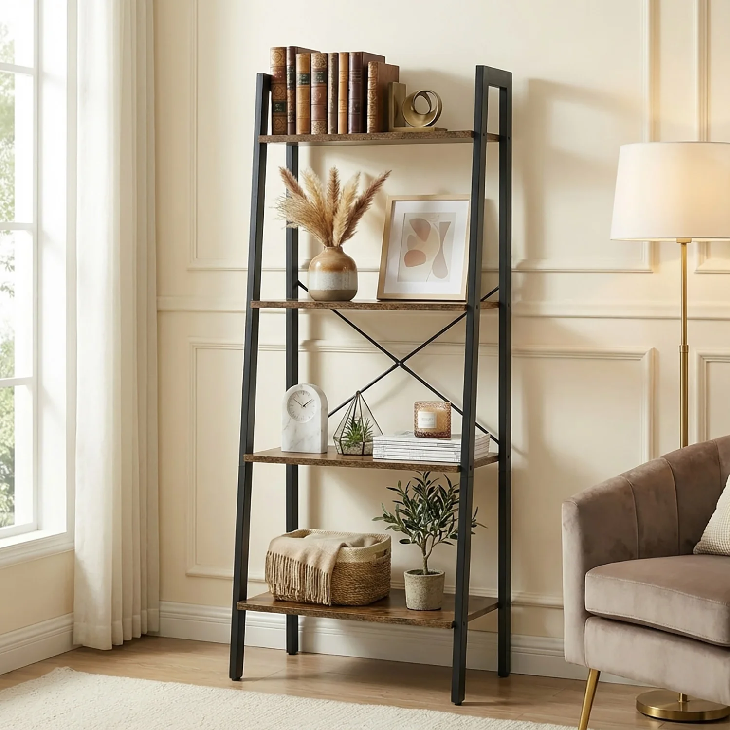 Elevate Rustic Wood & Metal 4-Tier Ladder Shelf Bookcase Storage Organizer - Image 4
