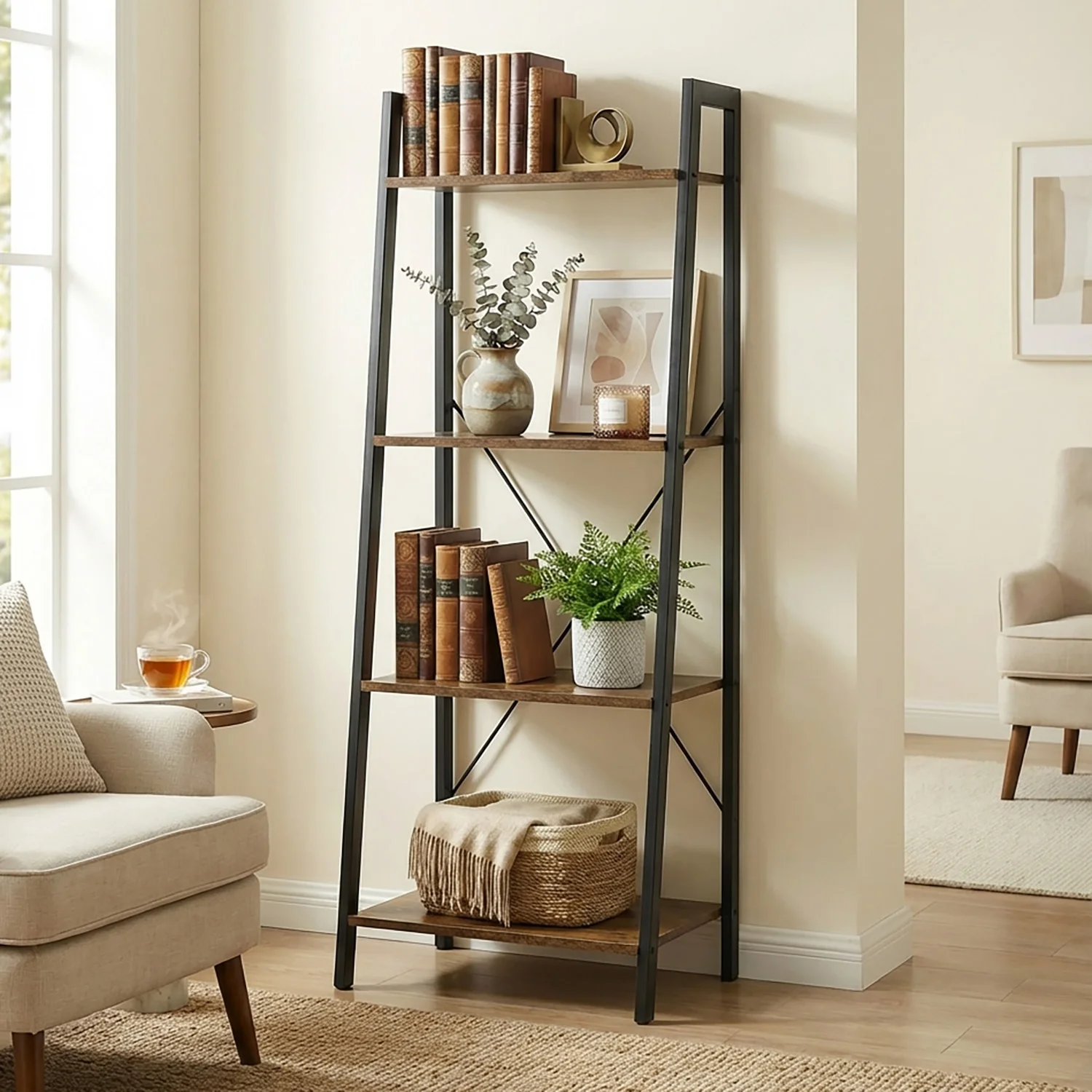 Elevate Rustic Wood & Metal 4-Tier Ladder Shelf Bookcase Storage Organizer - Image 7