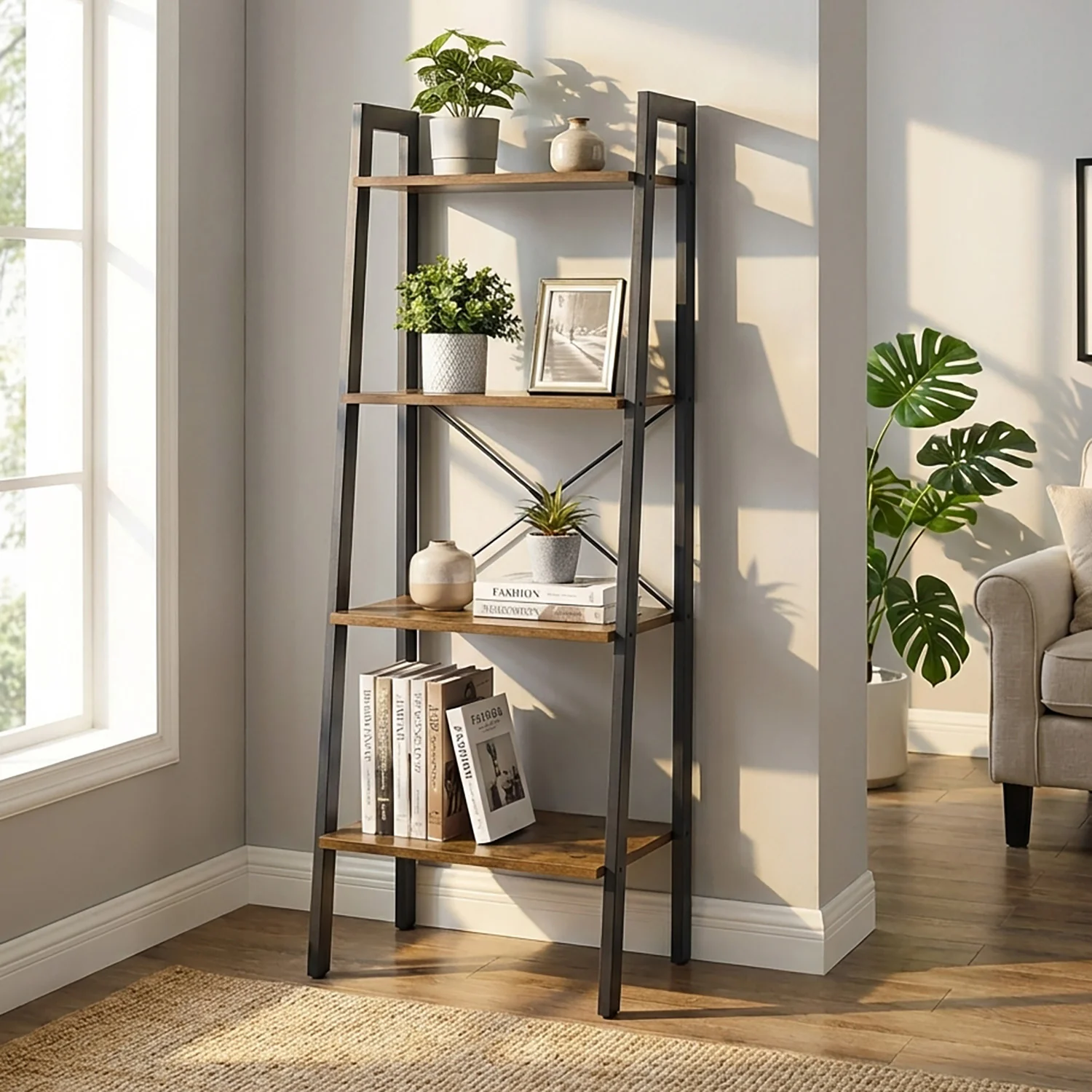 Elevate Rustic Wood & Metal 4-Tier Ladder Shelf Bookcase Storage Organizer - Image 9