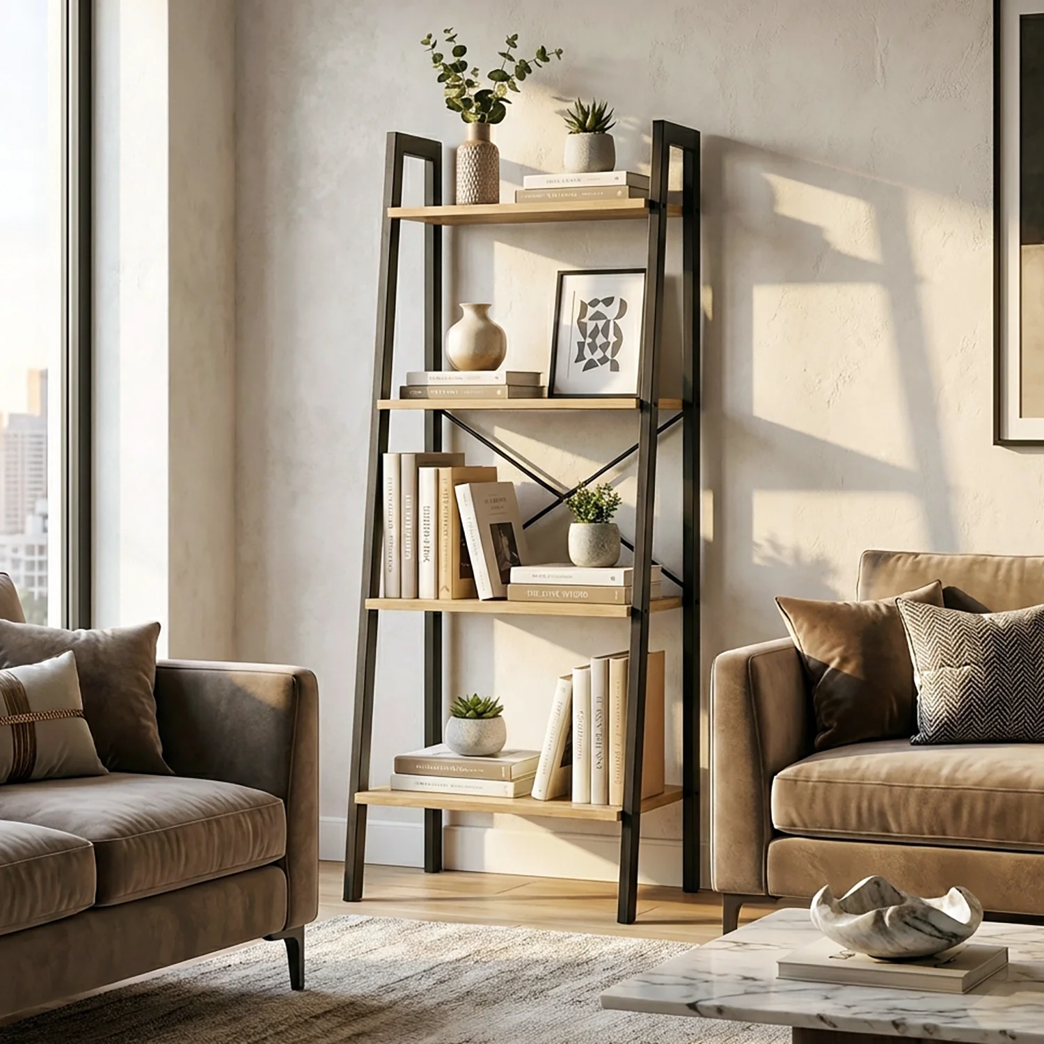 Elevate Rustic Oak 4-Tier Ladder Shelf Wood & Metal Bookcase Storage Organizer - Image 11