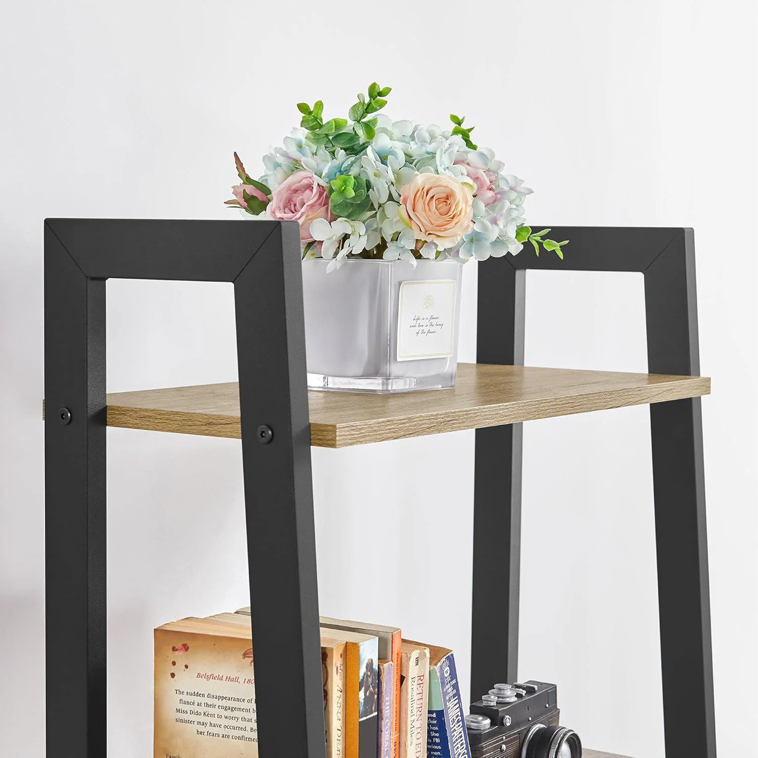 Elevate Rustic Oak 4-Tier Ladder Shelf Wood & Metal Bookcase Storage Organizer - Image 12