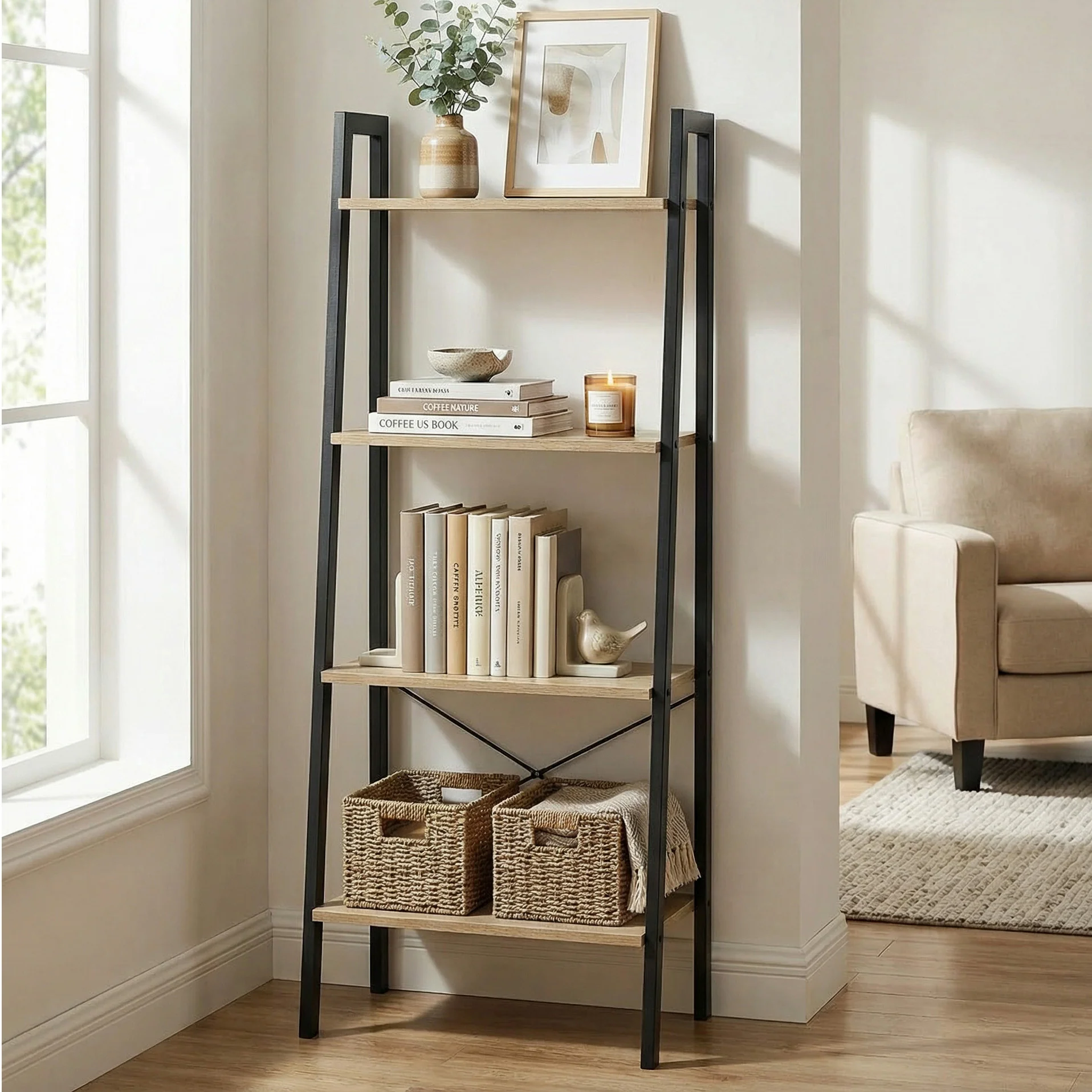 Elevate Rustic Oak 4-Tier Ladder Shelf Wood & Metal Bookcase Storage Organizer - Image 17
