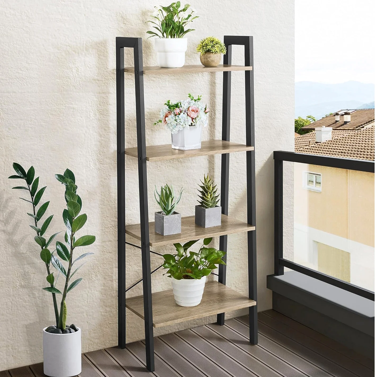 Elevate Rustic Oak 4-Tier Ladder Shelf Wood & Metal Bookcase Storage Organizer - Image 19