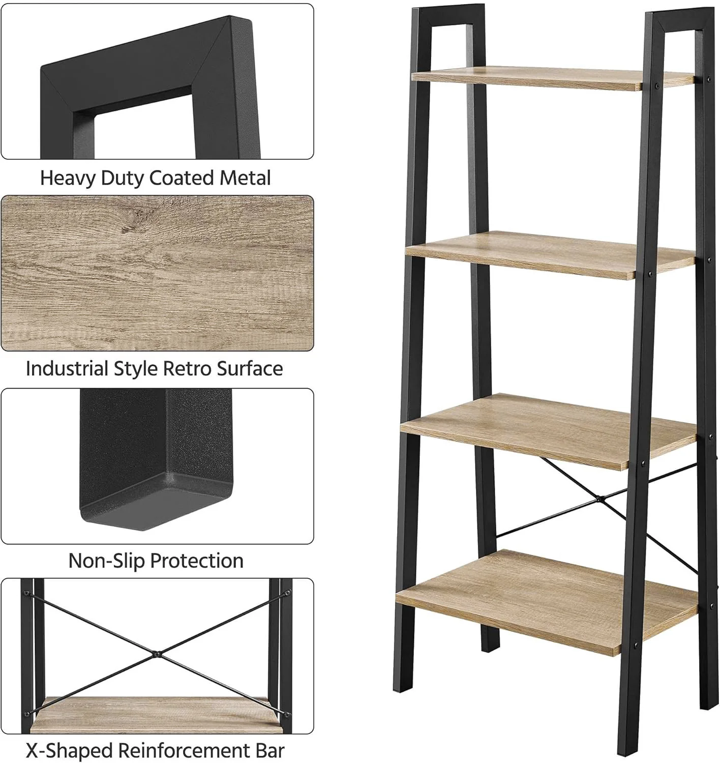 Elevate Rustic Oak 4-Tier Ladder Shelf Wood & Metal Bookcase Storage Organizer - Image 23