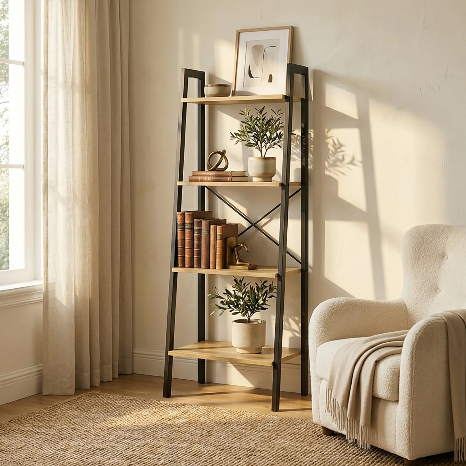 Elevate Rustic Oak 4-Tier Ladder Shelf Wood & Metal Bookcase Storage Organizer - Image 26