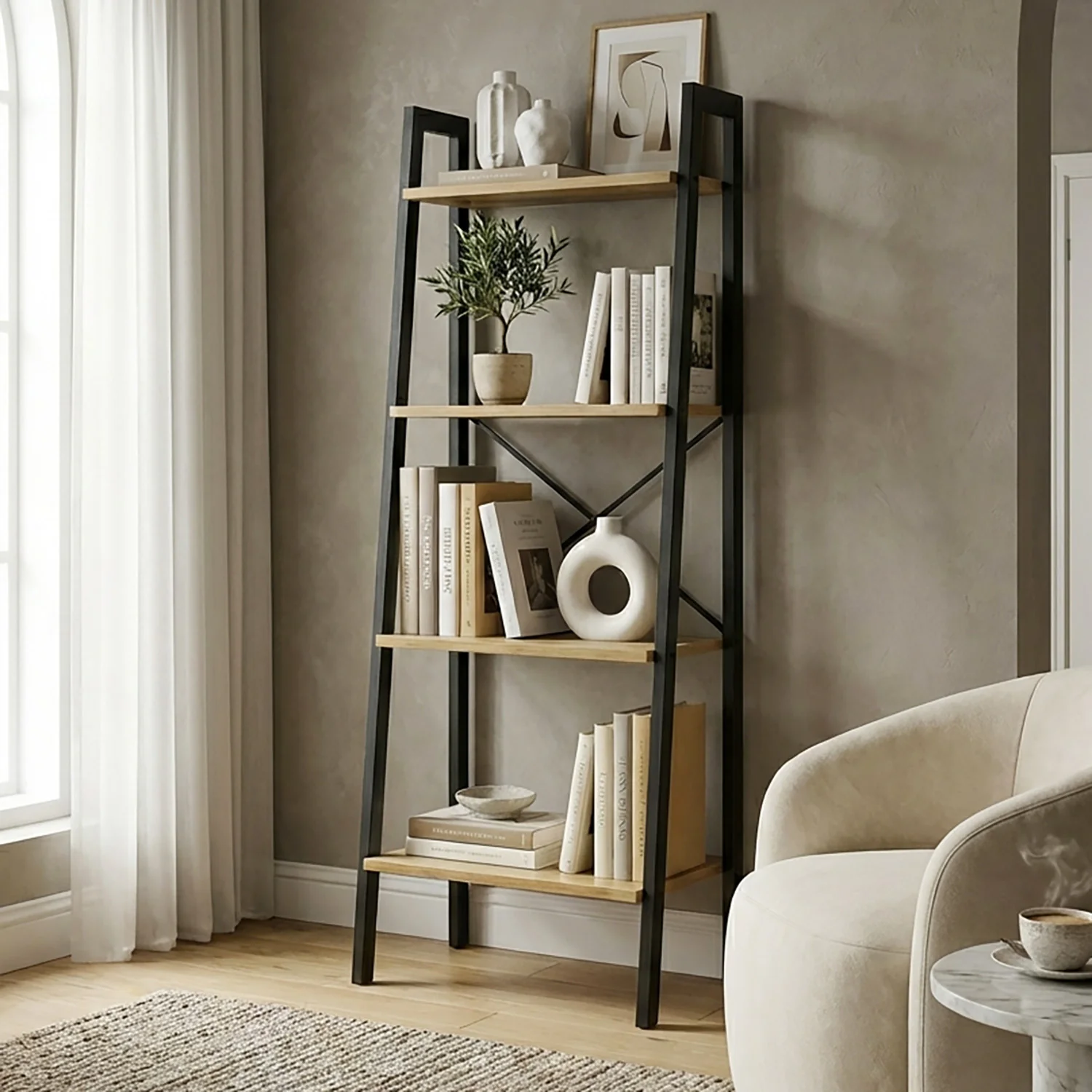 Elevate Rustic Oak 4-Tier Ladder Shelf Wood & Metal Bookcase Storage Organizer - Image 4
