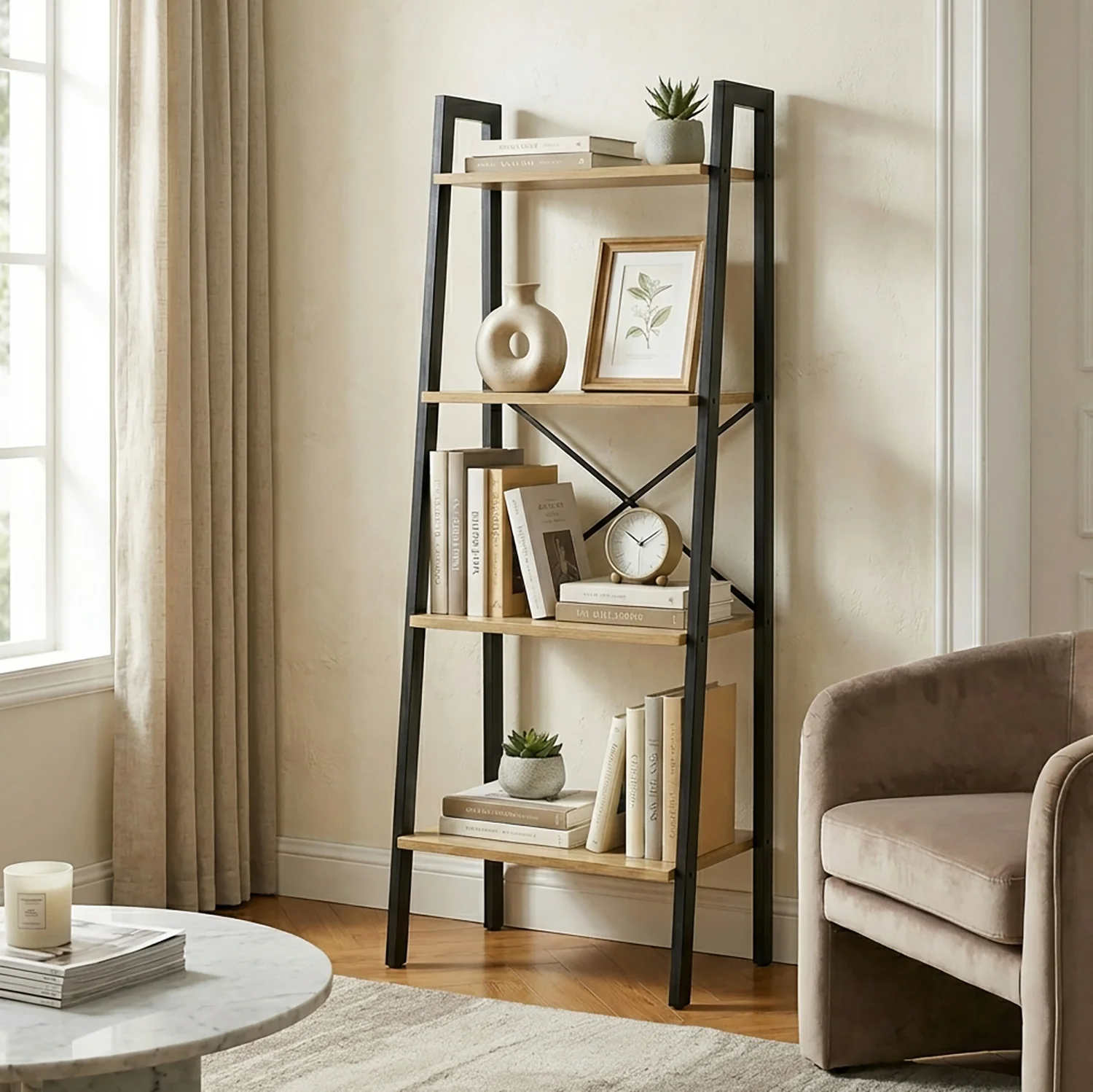 Elevate Rustic Oak 4-Tier Ladder Shelf Wood & Metal Bookcase Storage Organizer - Image 5