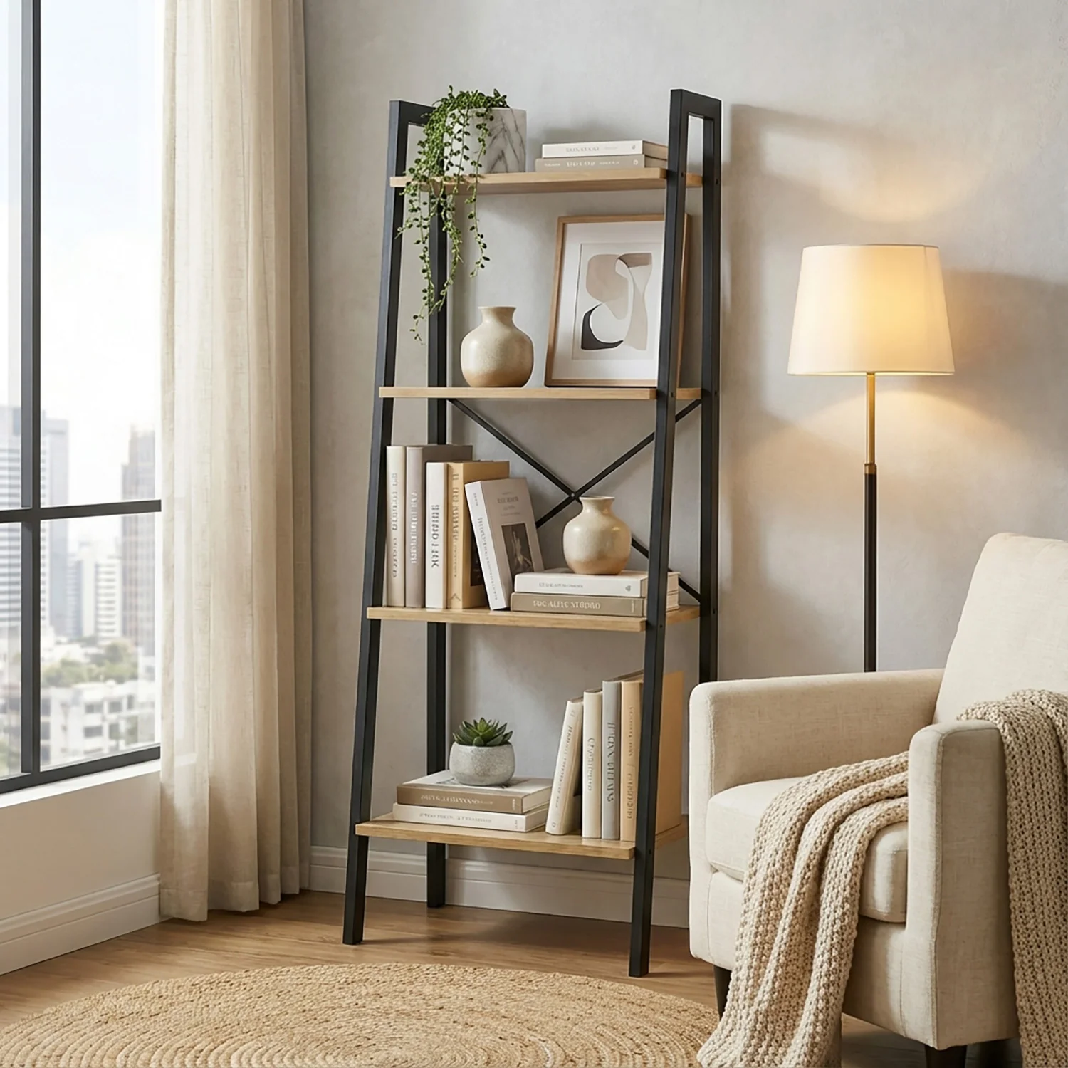 Elevate Rustic Oak 4-Tier Ladder Shelf Wood & Metal Bookcase Storage Organizer - Image 8