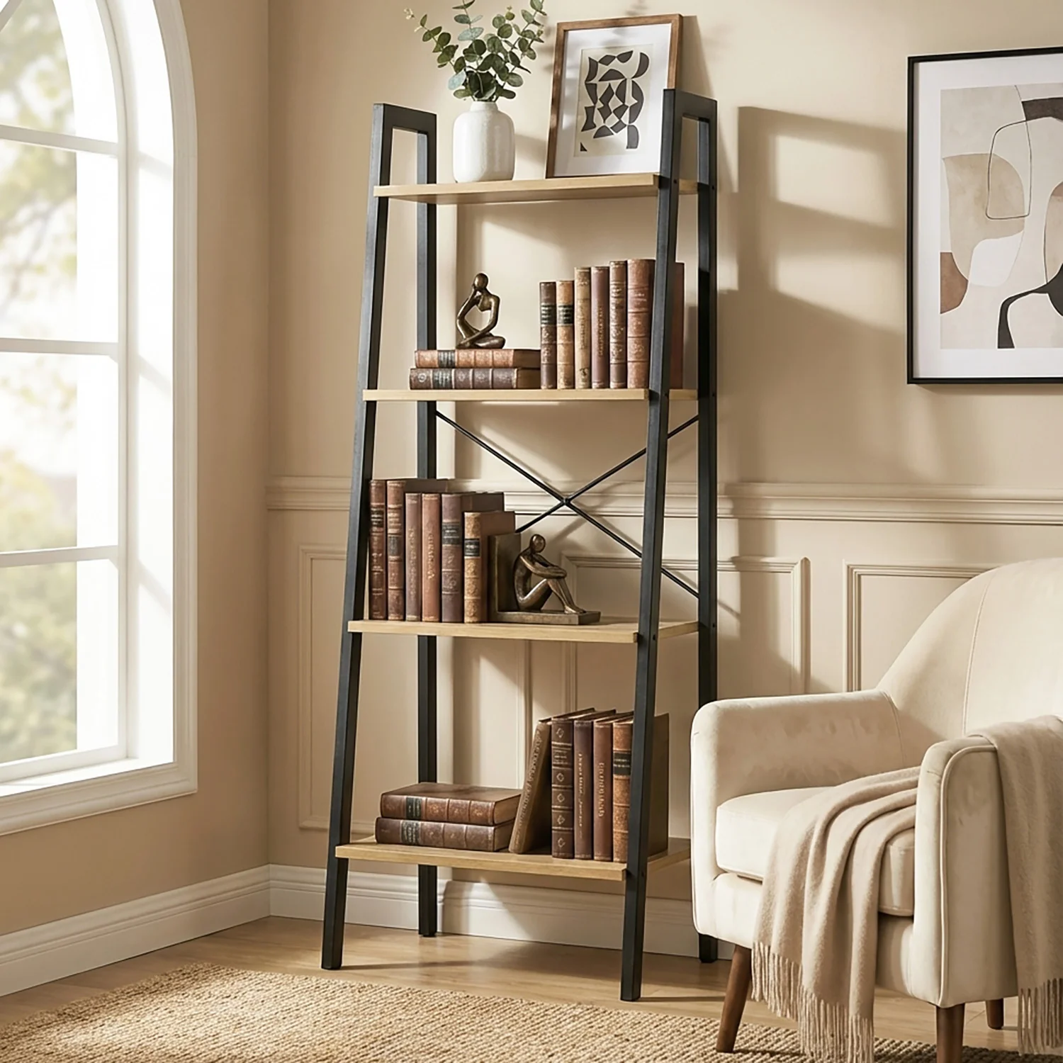Elevate Rustic Oak 4-Tier Ladder Shelf Wood & Metal Bookcase Storage Organizer - Image 9
