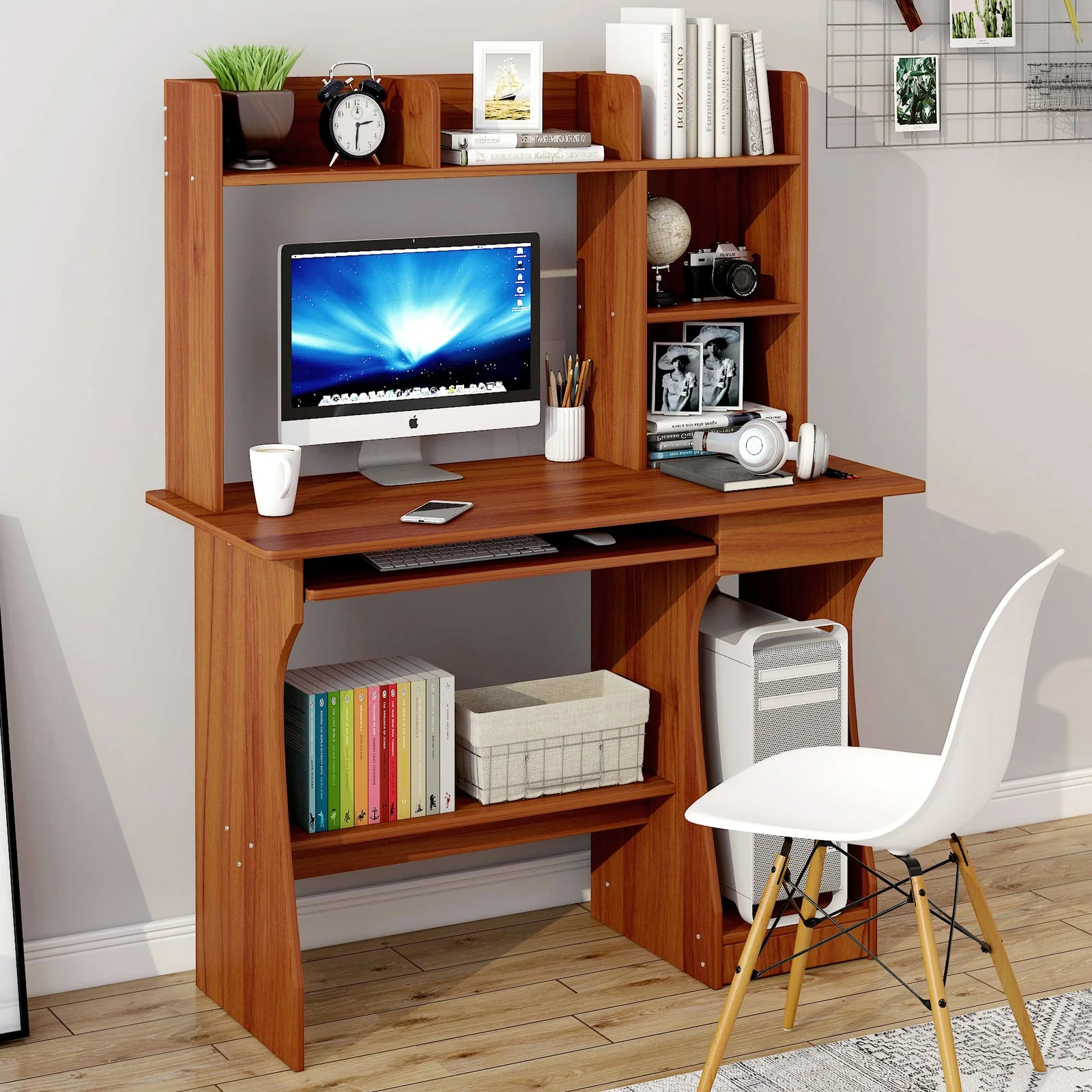 Elite Computer Desk Table with Shelf & Drawer Office Furniture (Walnut) - Image 4