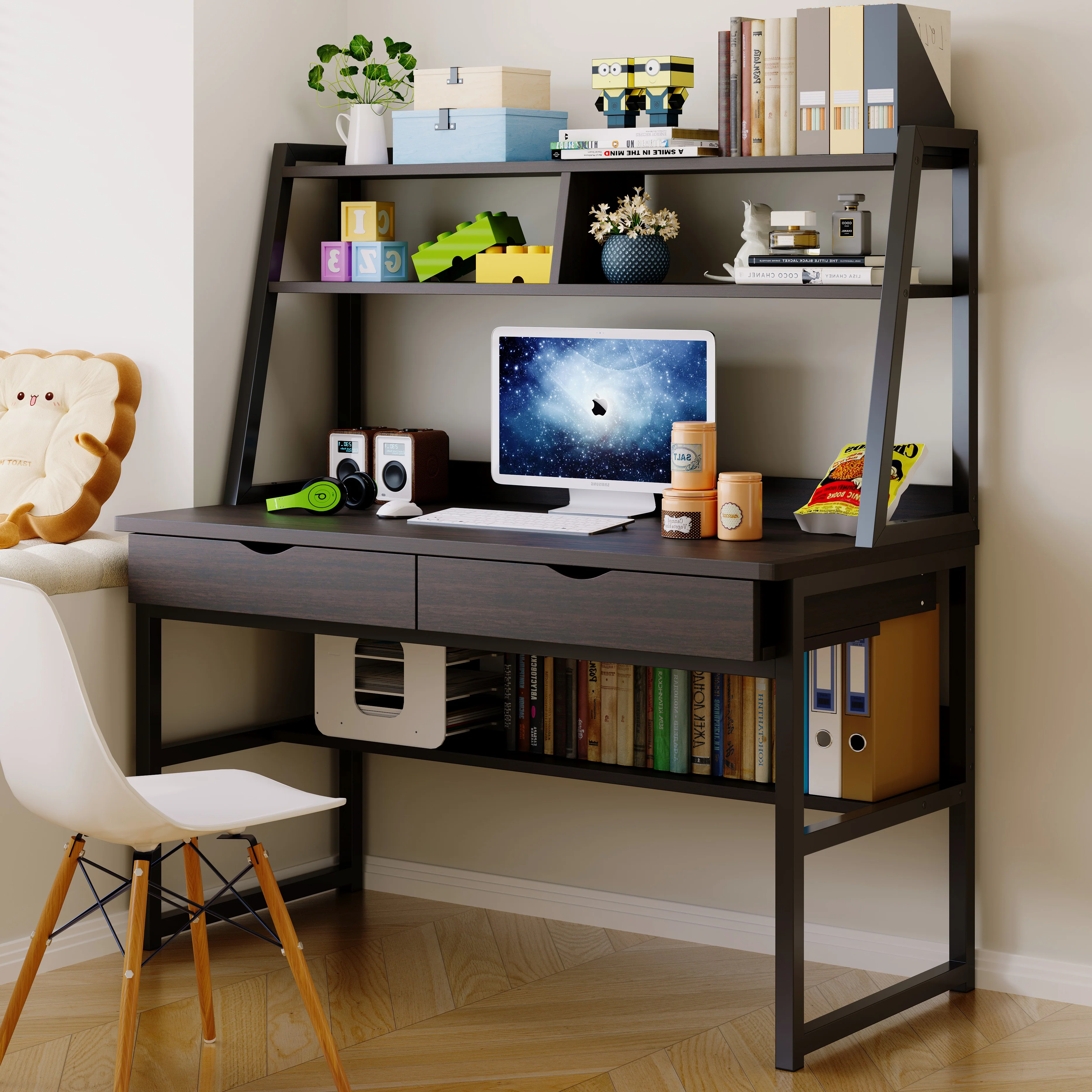 Enterprise Large Computer Desk Workstation with Shelves & Drawers (Black) - Image 10