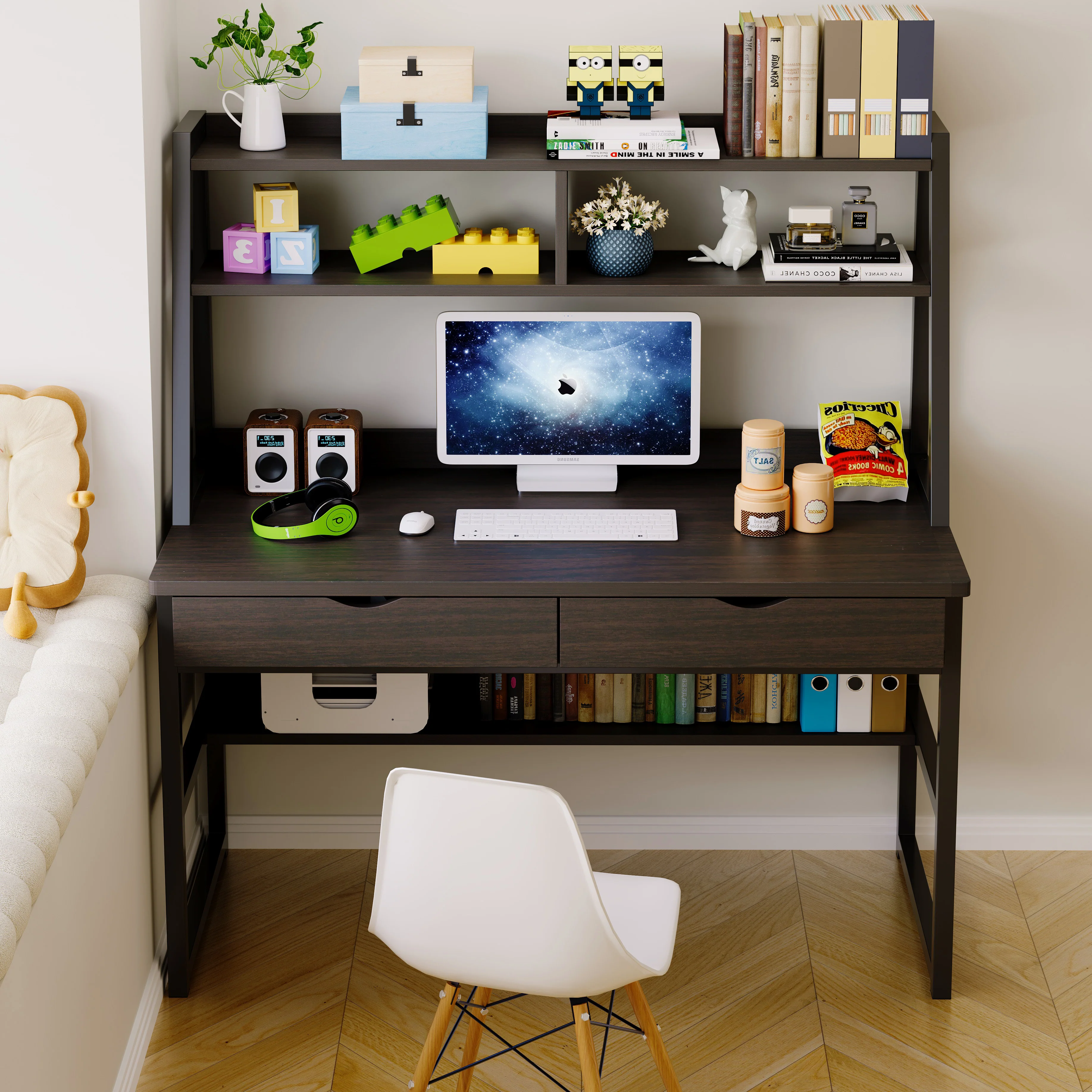 Enterprise Large Computer Desk Workstation with Shelves & Drawers (Black) - Image 3