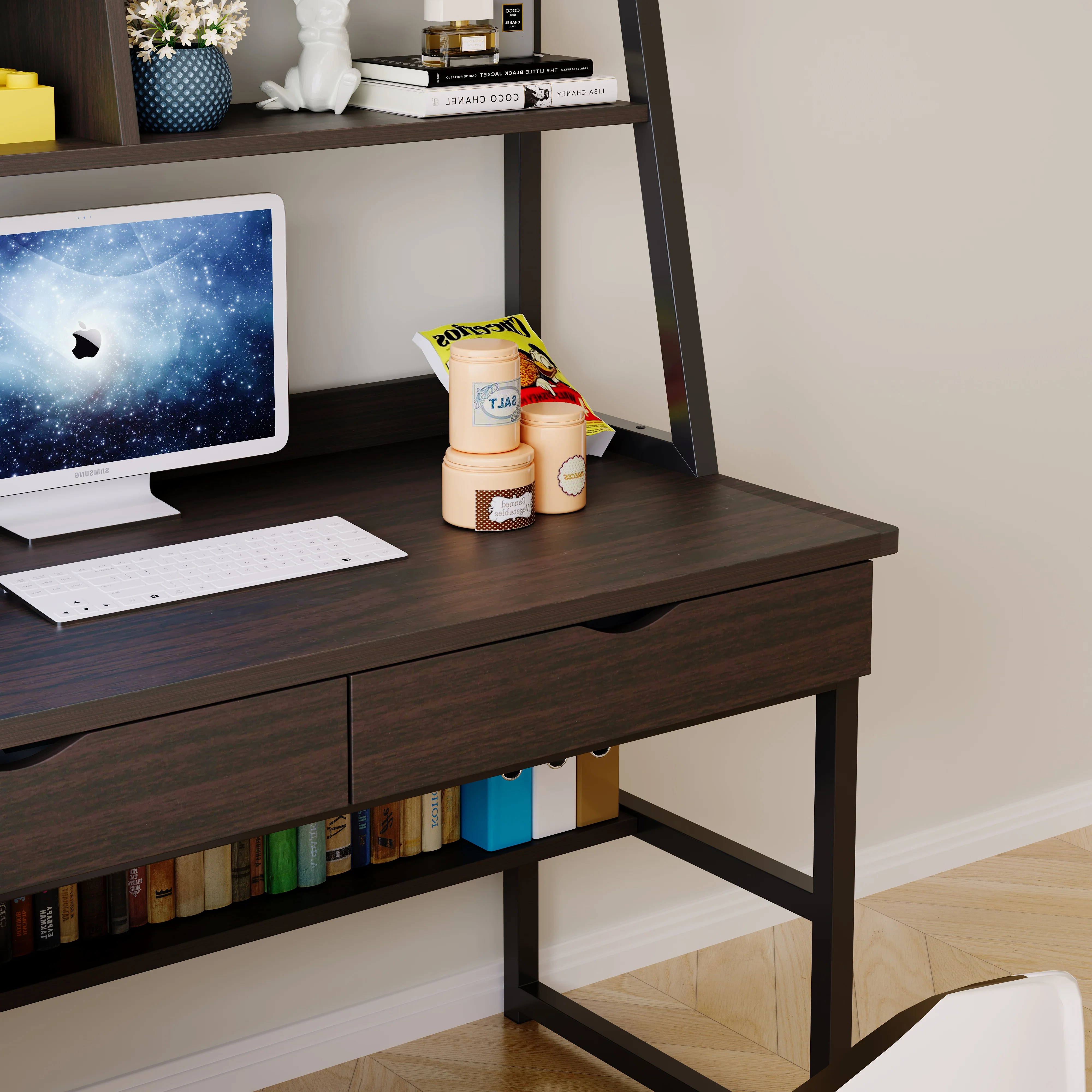 Enterprise Large Computer Desk Workstation with Shelves & Drawers (Black) - Image 5