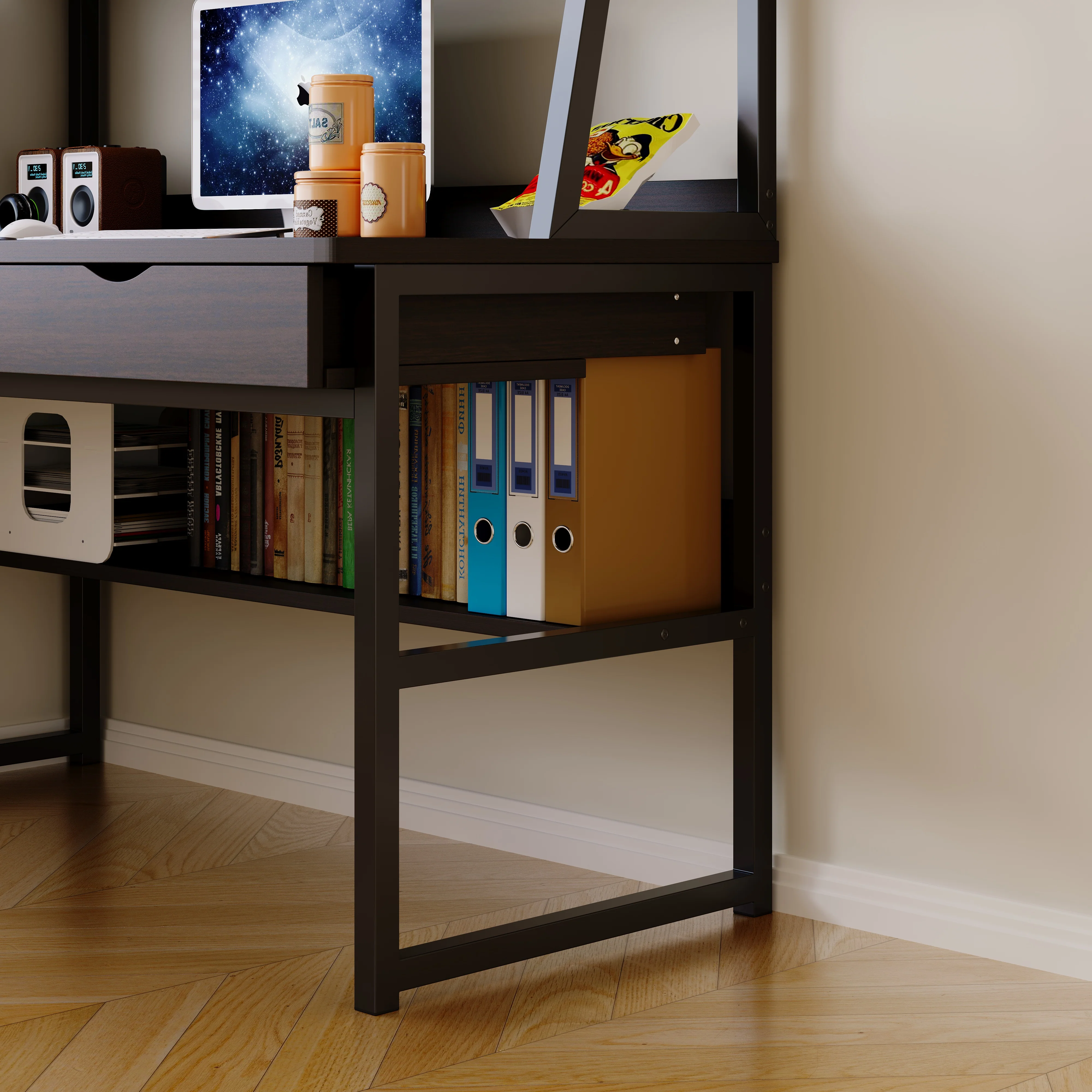 Enterprise Large Computer Desk Workstation with Shelves & Drawers (Black) - Image 7