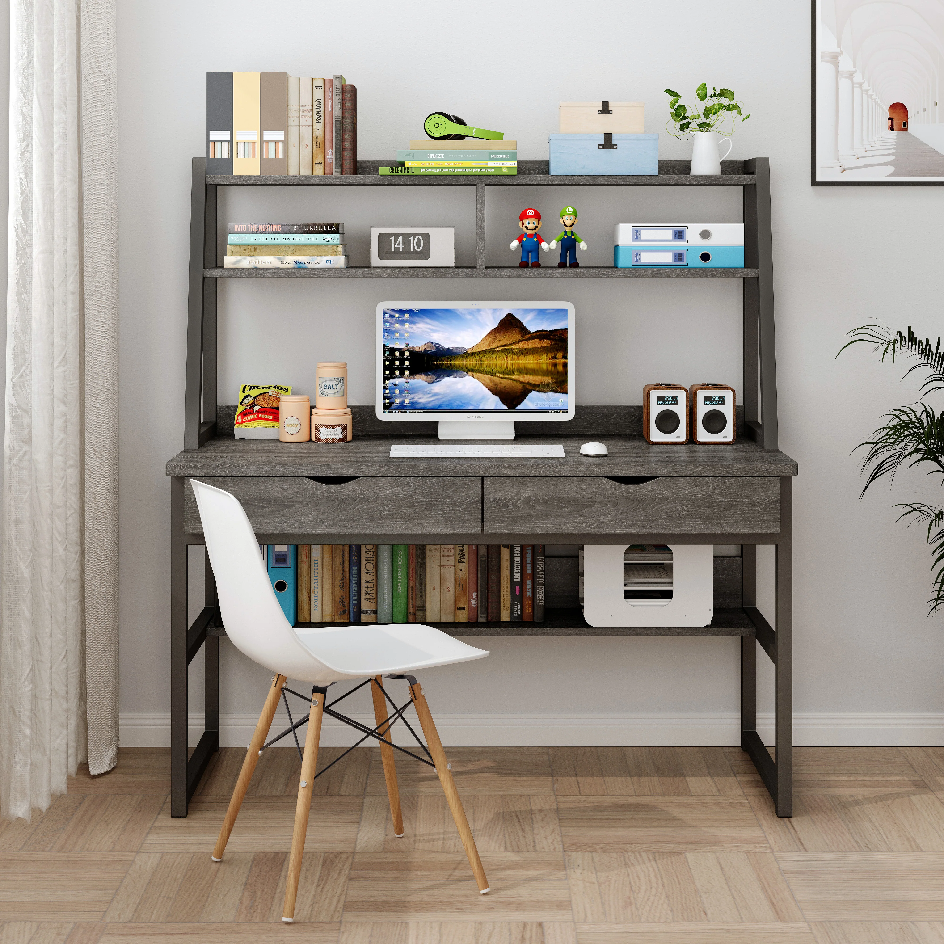 Enterprise Large Computer Desk Workstation with Shelves & Drawers (Rustic Grey) - Image 5