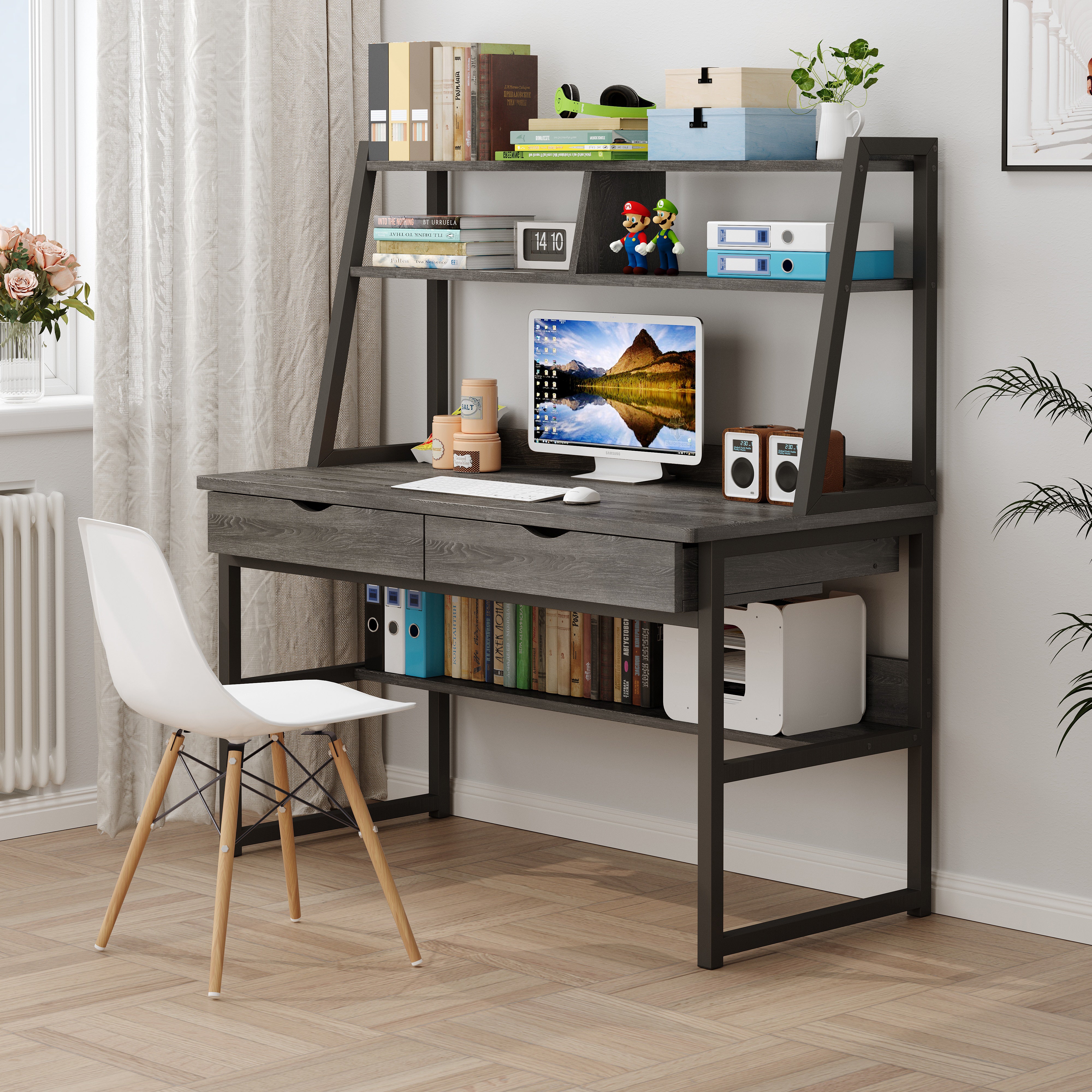 Enterprise Large Computer Desk Workstation with Shelves & Drawers (Rustic Grey) - Image 6