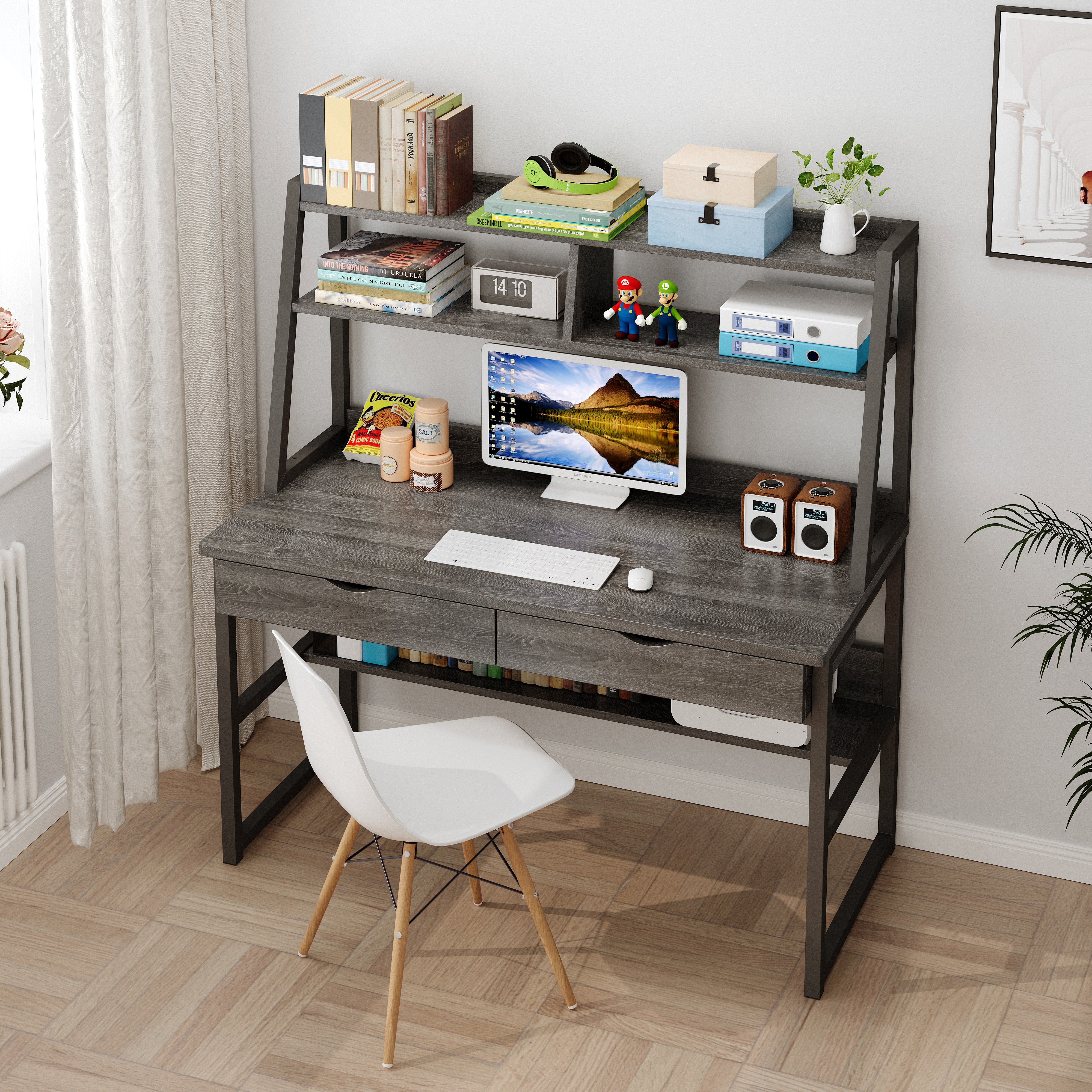 Enterprise Large Computer Desk Workstation with Shelves & Drawers (Rustic Grey) - Image 9