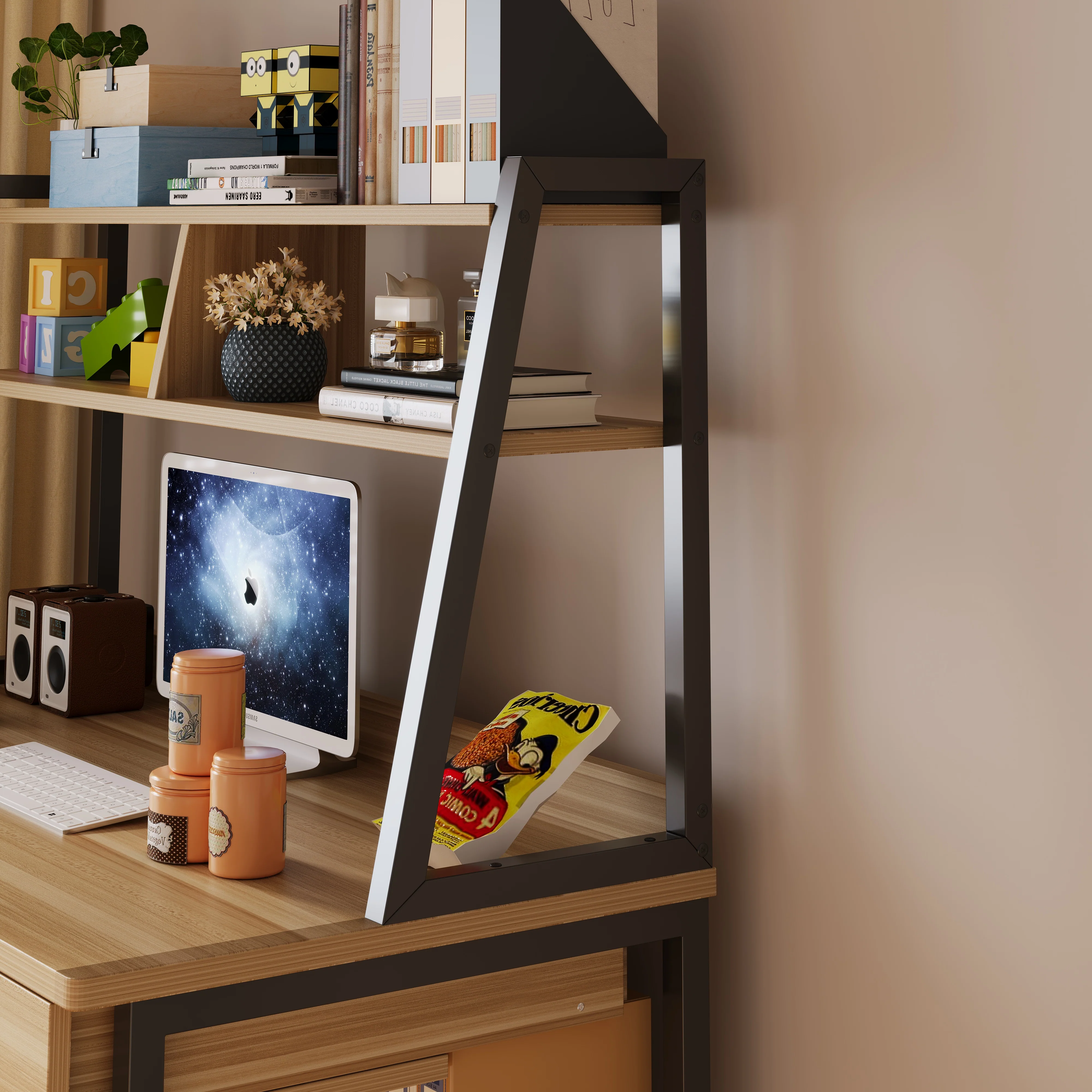 Enterprise Large Computer Desk Workstation with Shelves & Drawers (Oak) - Image 14