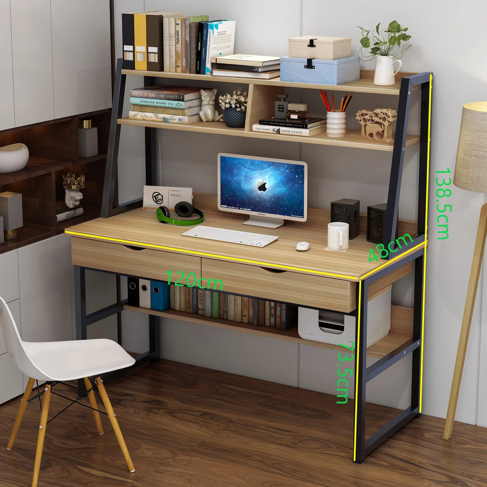 Enterprise Large Computer Desk Workstation with Shelves & Drawers (Oak) - Image 15