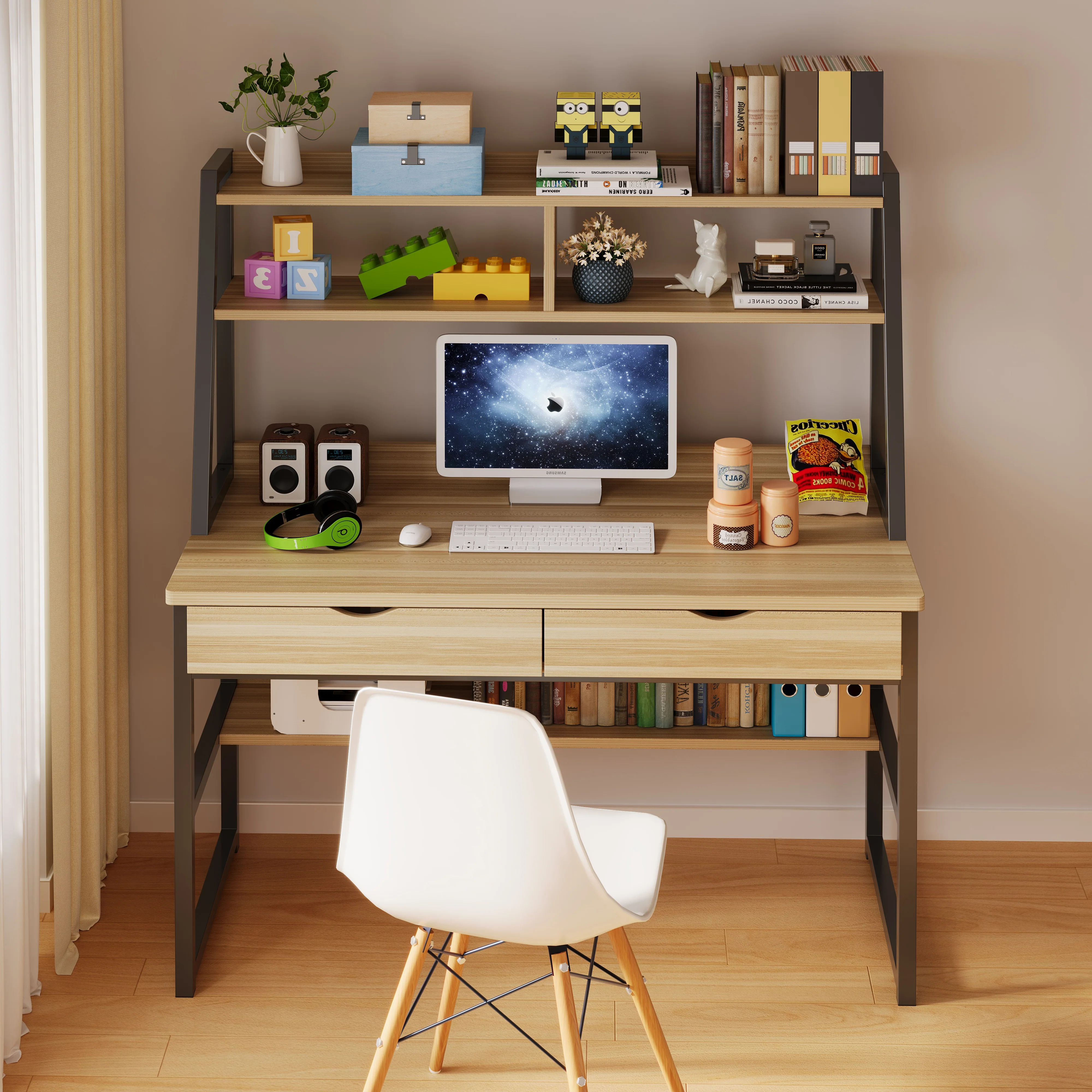 Enterprise Large Computer Desk Workstation with Shelves & Drawers (Oak) - Image 16