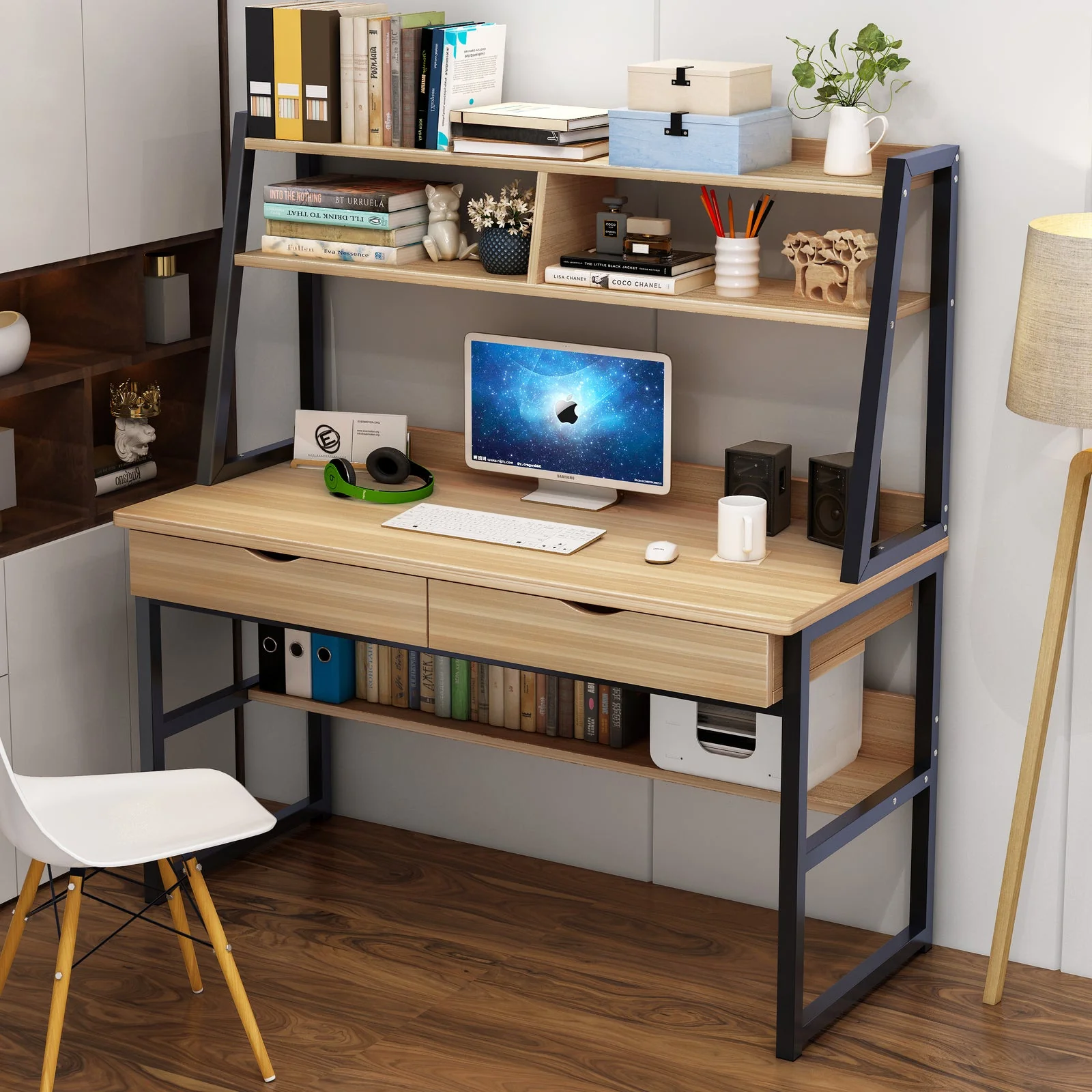 Enterprise Large Computer Desk Workstation with Shelves & Drawers (Oak) - Image 3