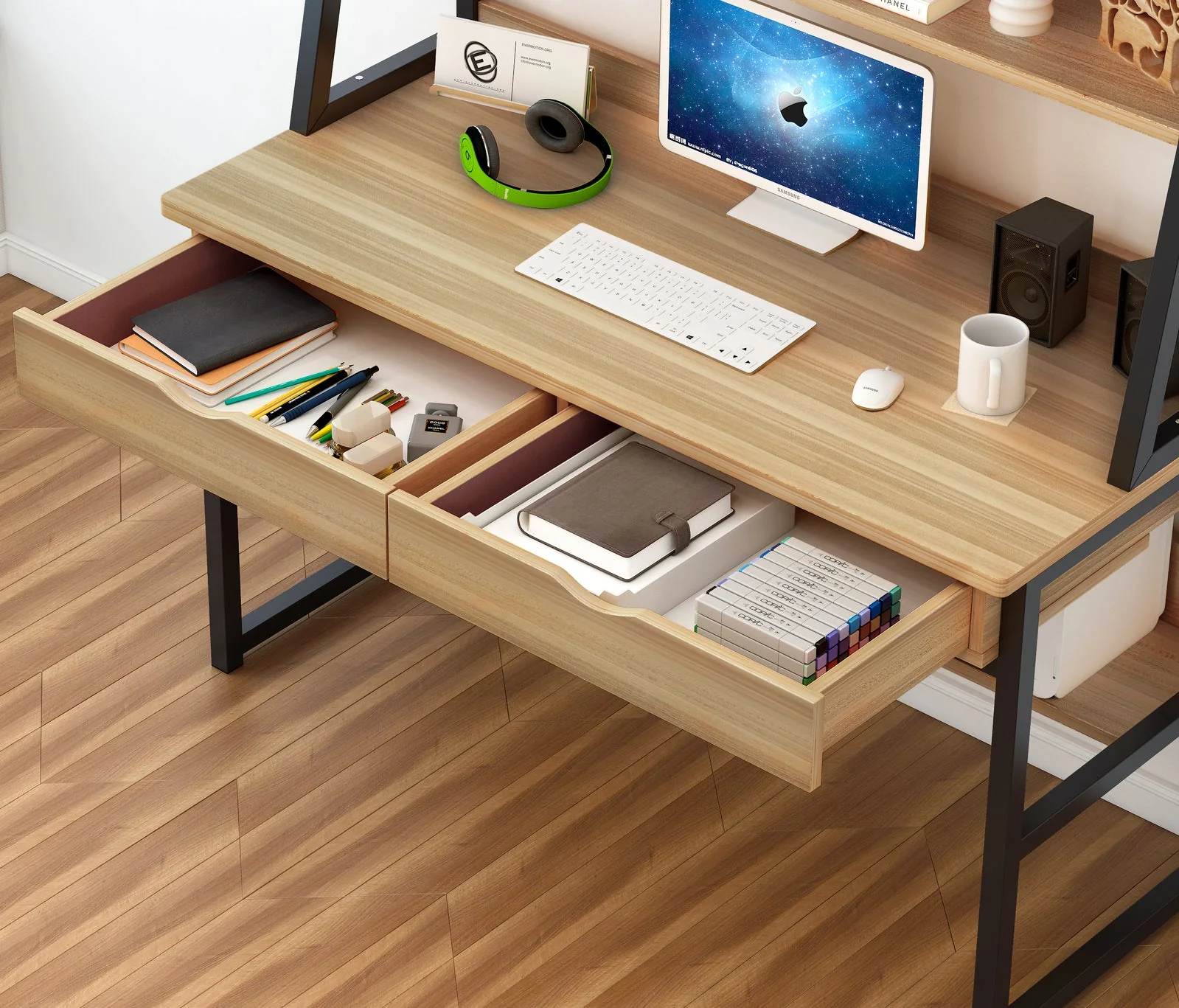 Enterprise Large Computer Desk Workstation with Shelves & Drawers (Oak) - Image 8