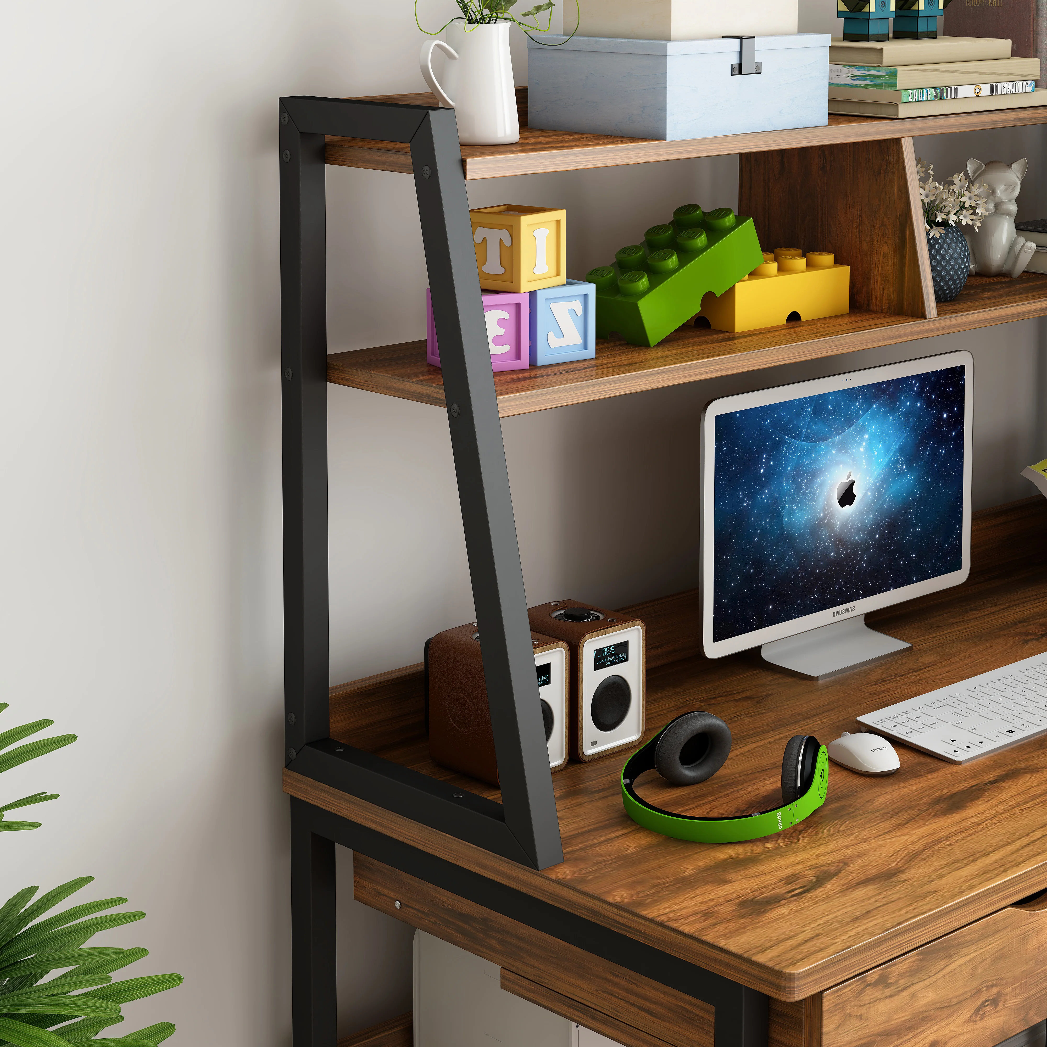 Enterprise Large Computer Desk Workstation with Shelves & Drawers (Rustic Wood) - Image 10