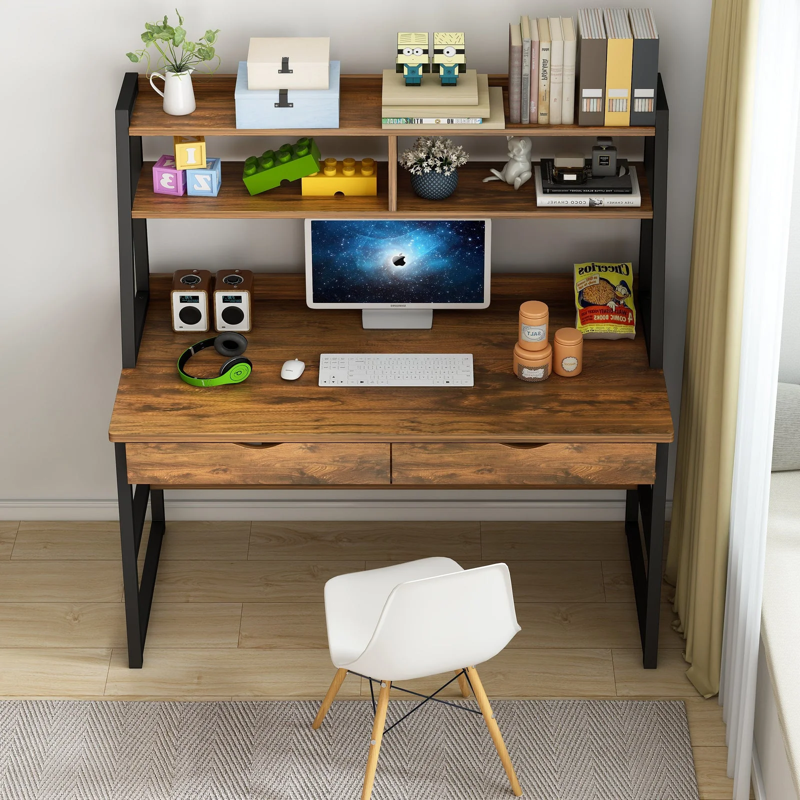 Enterprise Large Computer Desk Workstation with Shelves & Drawers (Rustic Wood) - Image 13