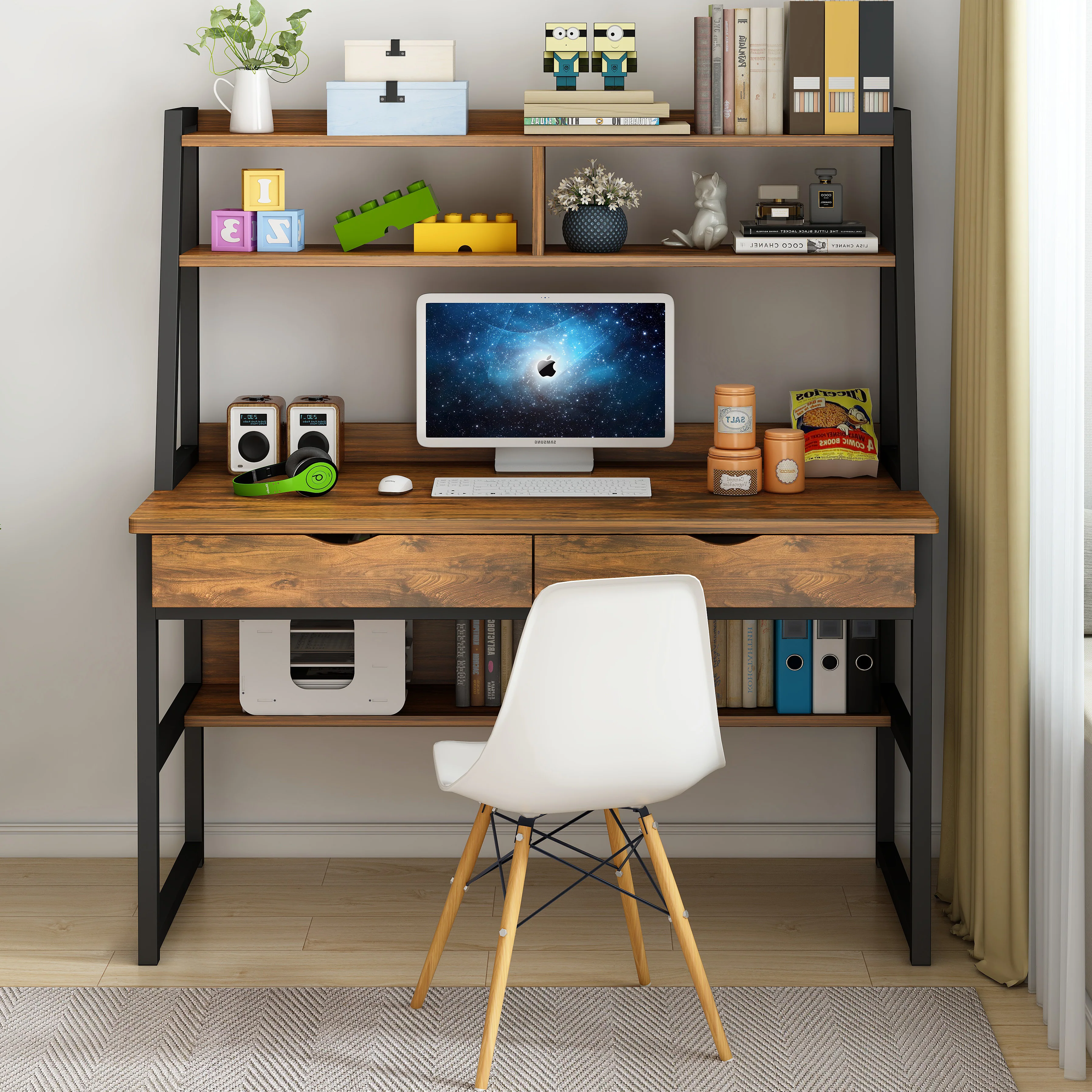 Enterprise Large Computer Desk Workstation with Shelves & Drawers (Rustic Wood) - Image 3