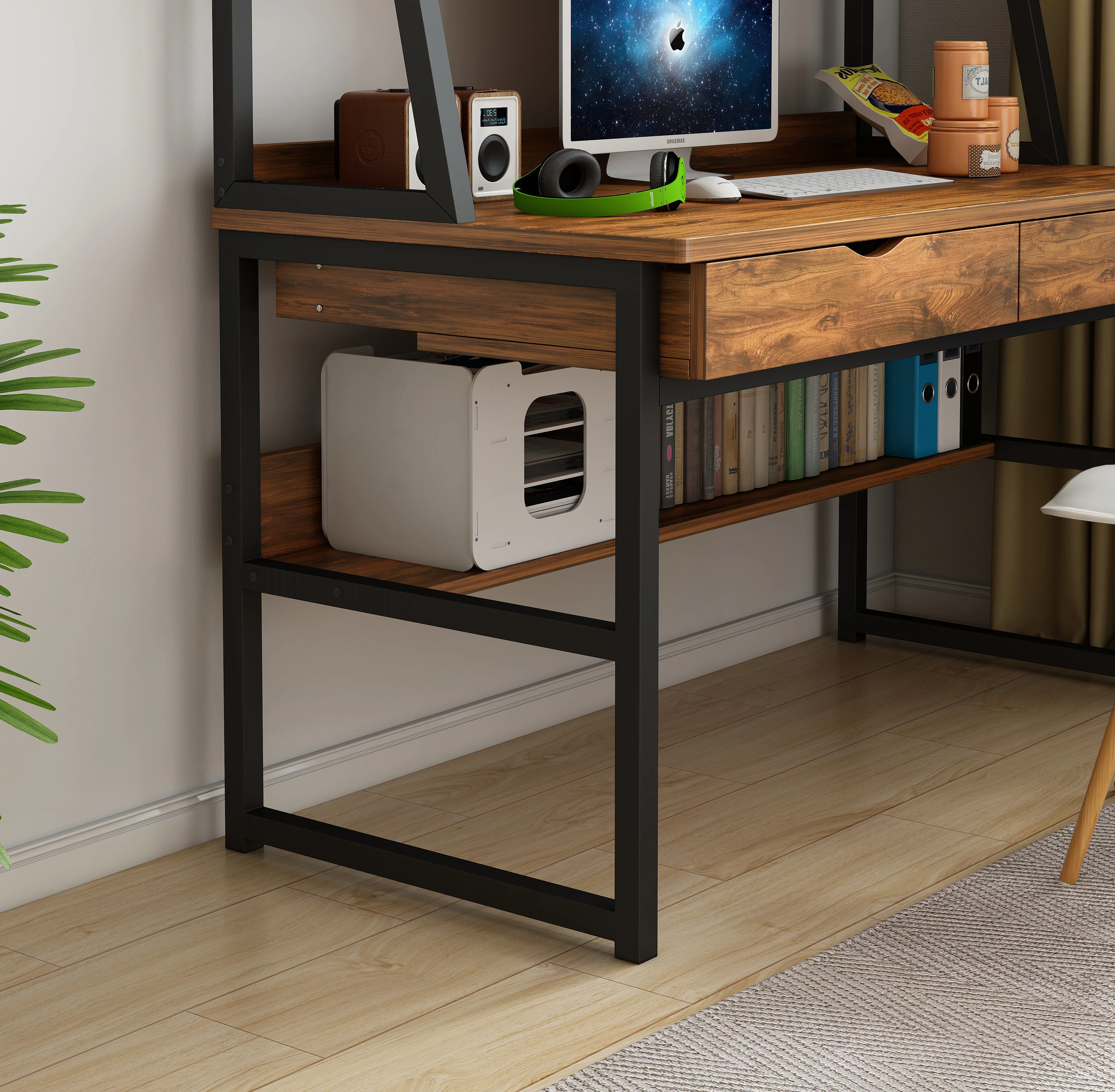 Enterprise Large Computer Desk Workstation with Shelves & Drawers (Rustic Wood) - Image 7