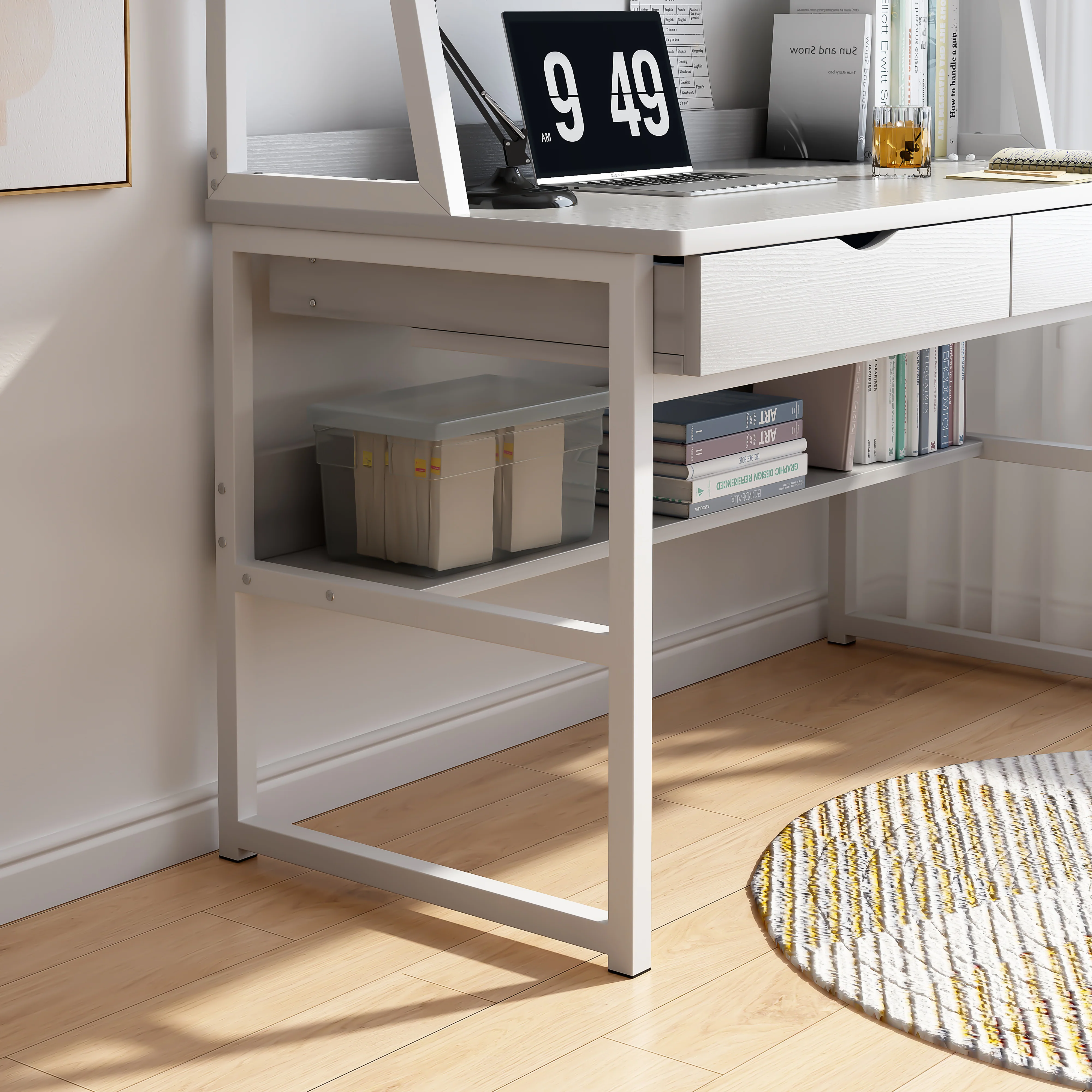 Enterprise Large Computer Desk Workstation with Shelves & Drawers (White) - Image 11