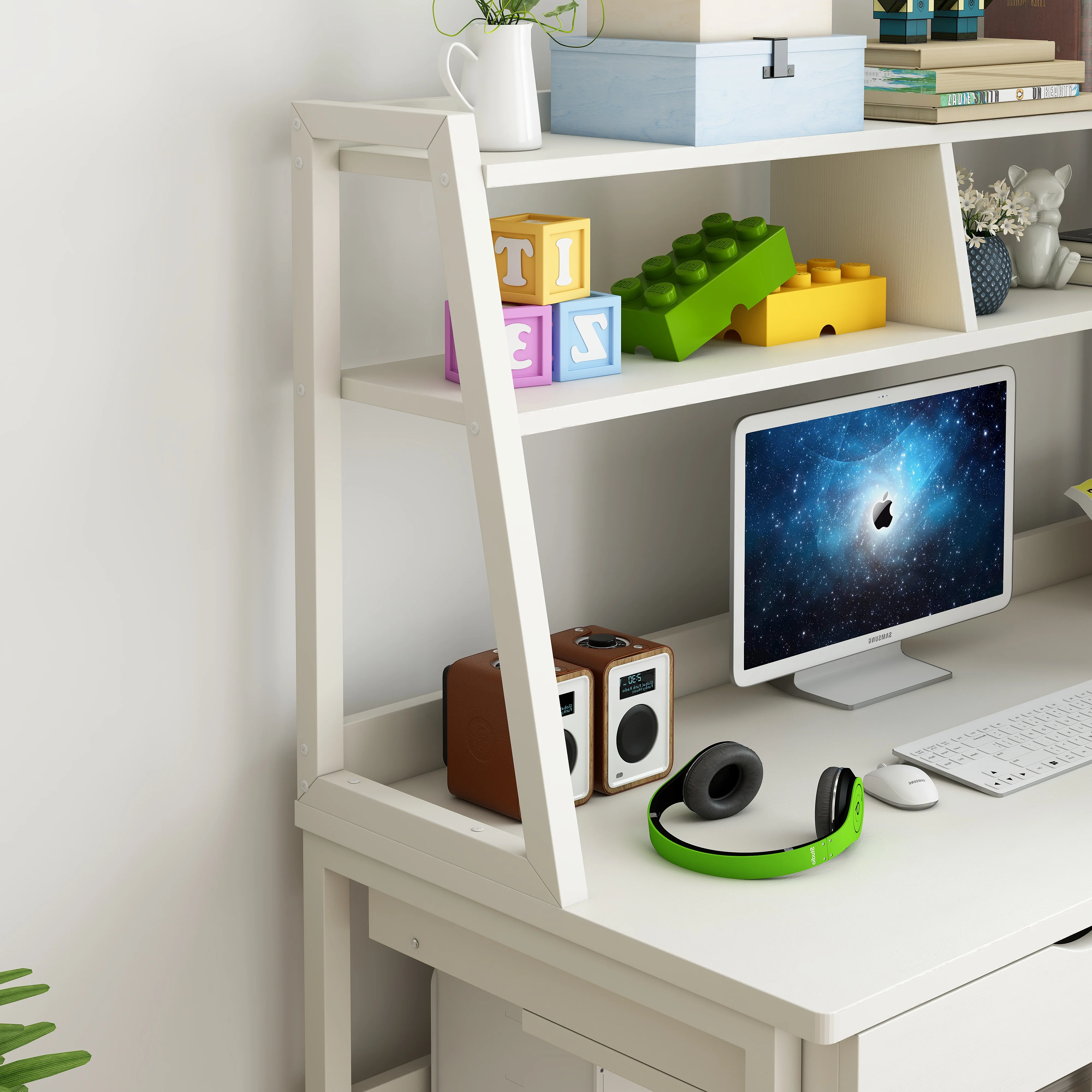 Enterprise Large Computer Desk Workstation with Shelves & Drawers (White) - Image 12