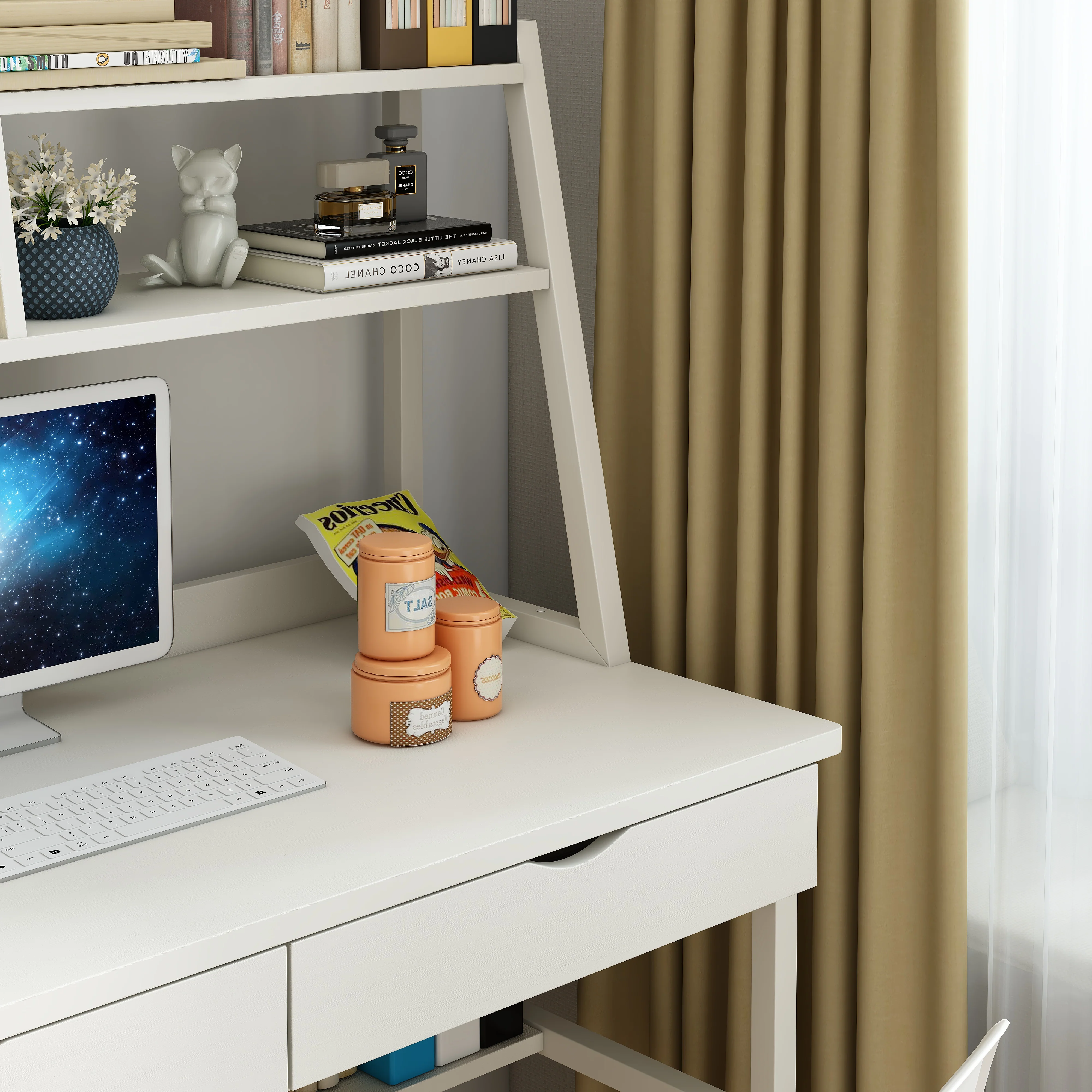 Enterprise Large Computer Desk Workstation with Shelves & Drawers (White) - Image 13