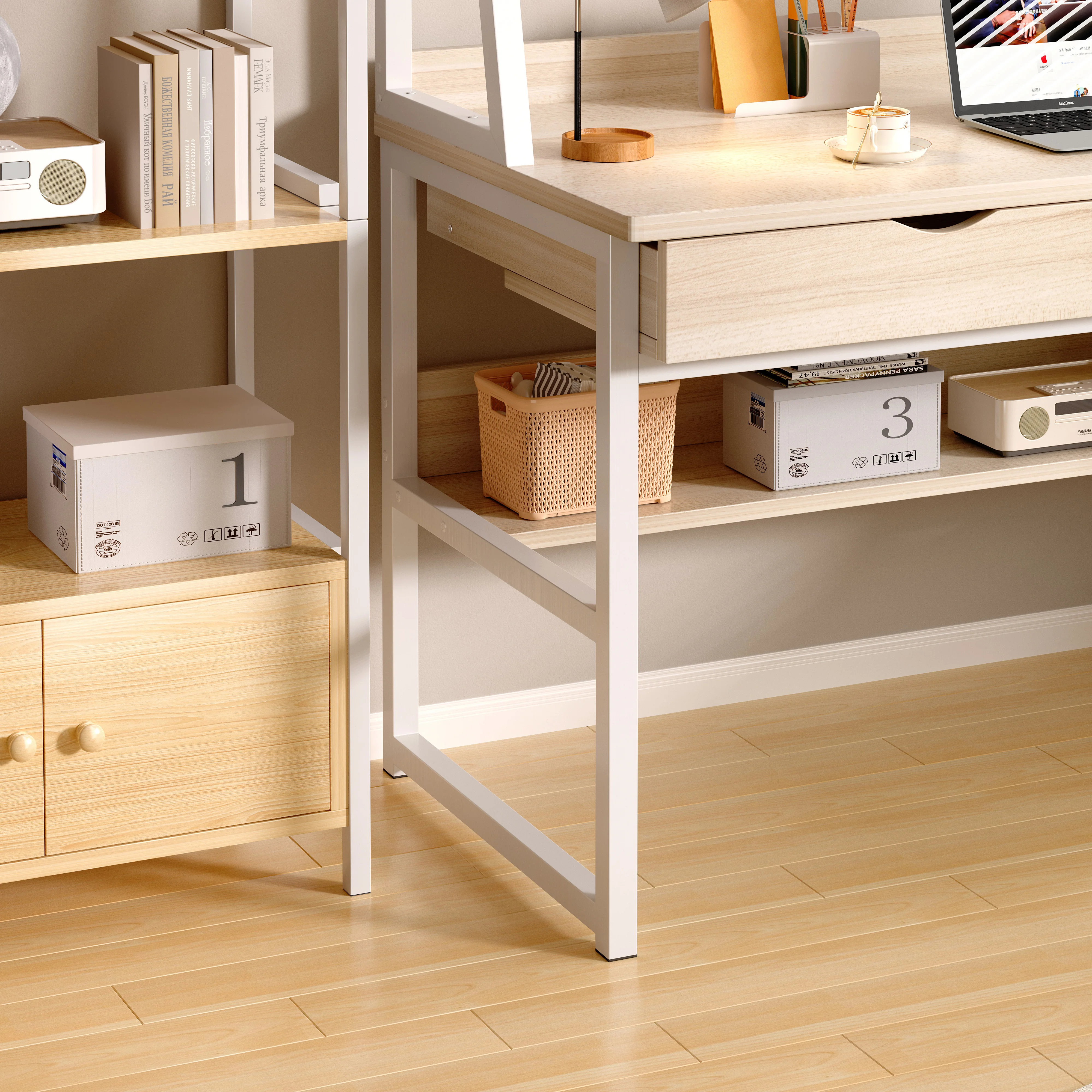 Enterprise Large Computer Desk Workstation with Shelves & Drawers (White Oak) - Image 12