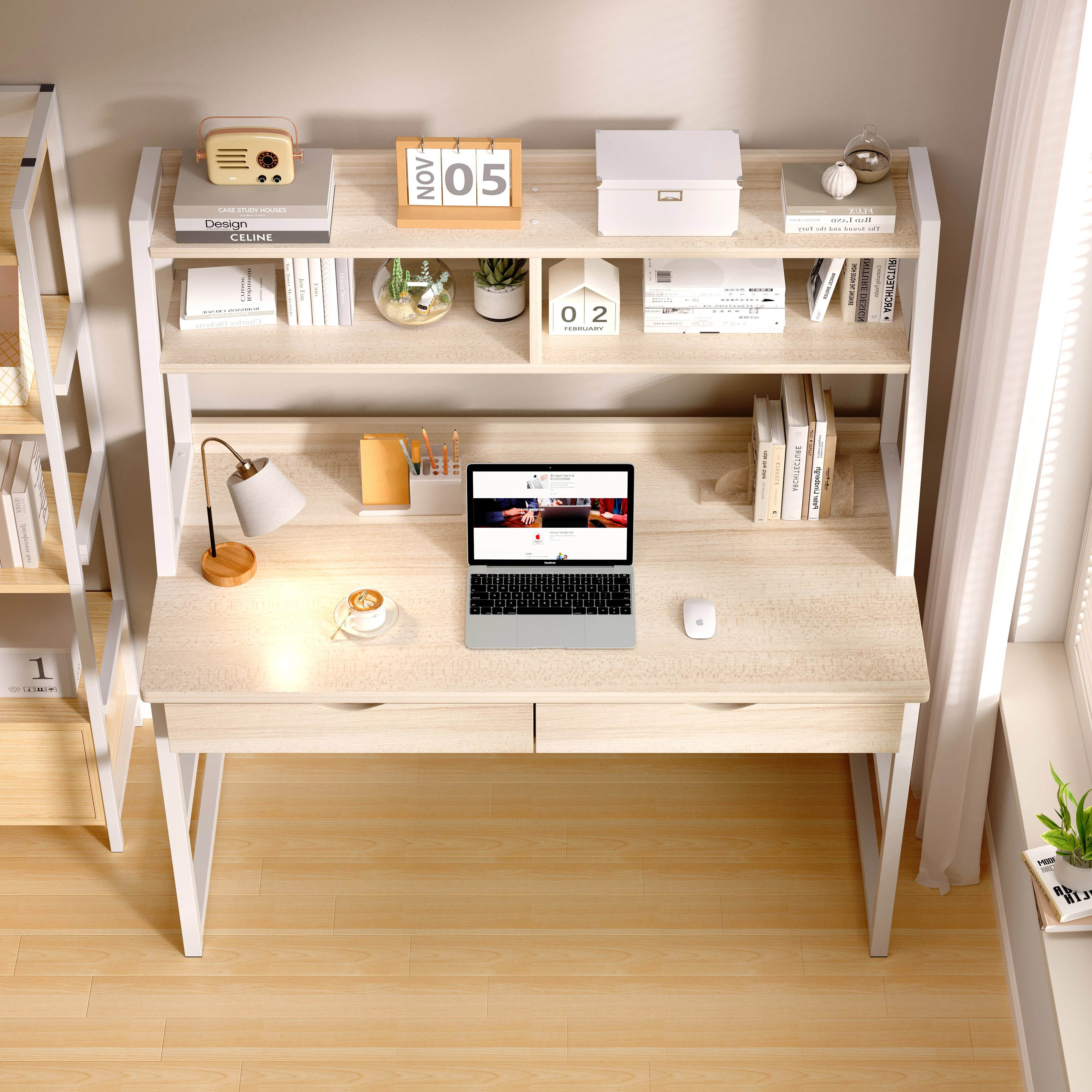Enterprise Large Computer Desk Workstation with Shelves & Drawers (White Oak) - Image 7