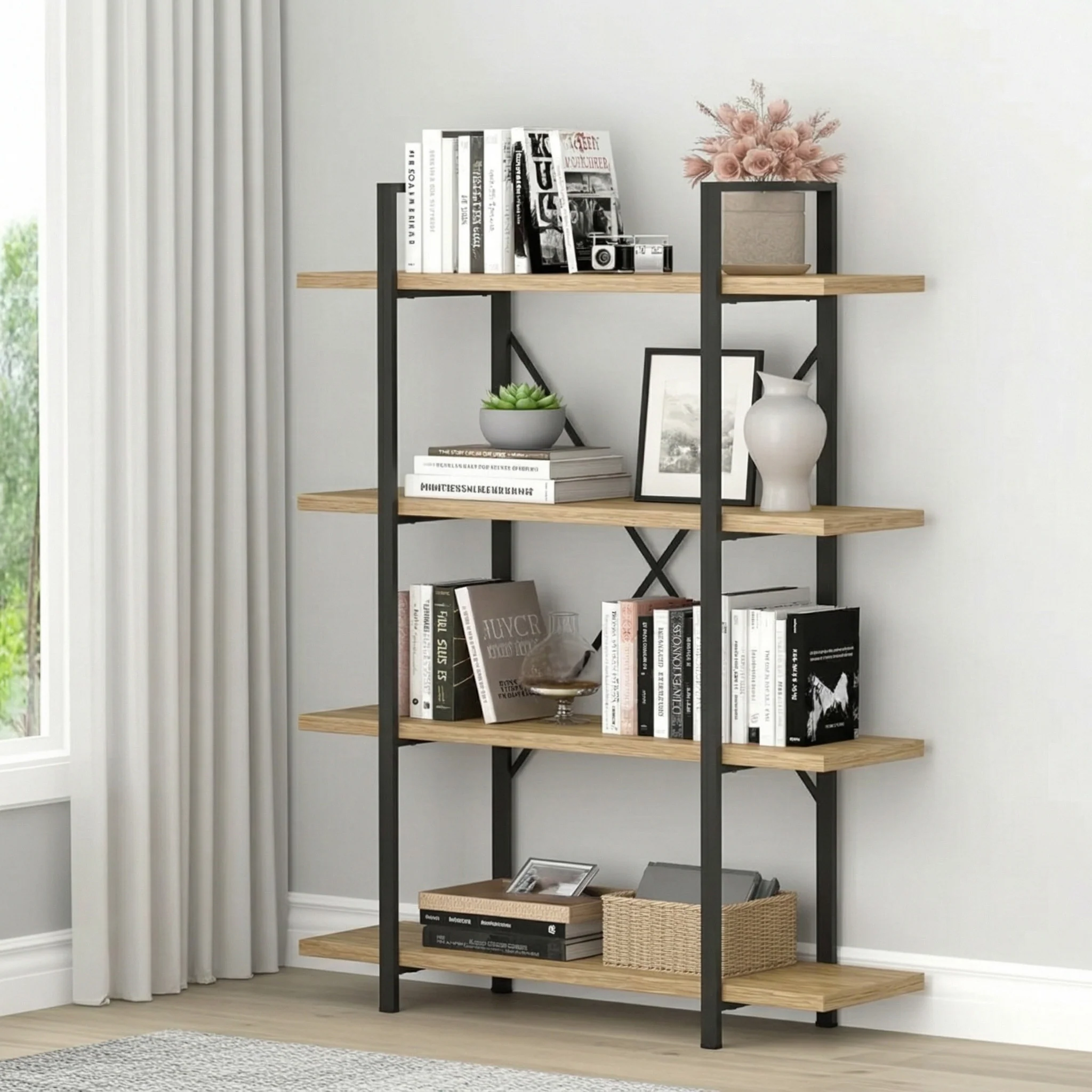 Envision Rustic Oak 4-Tier Bookcase Storage Shelf Organizer