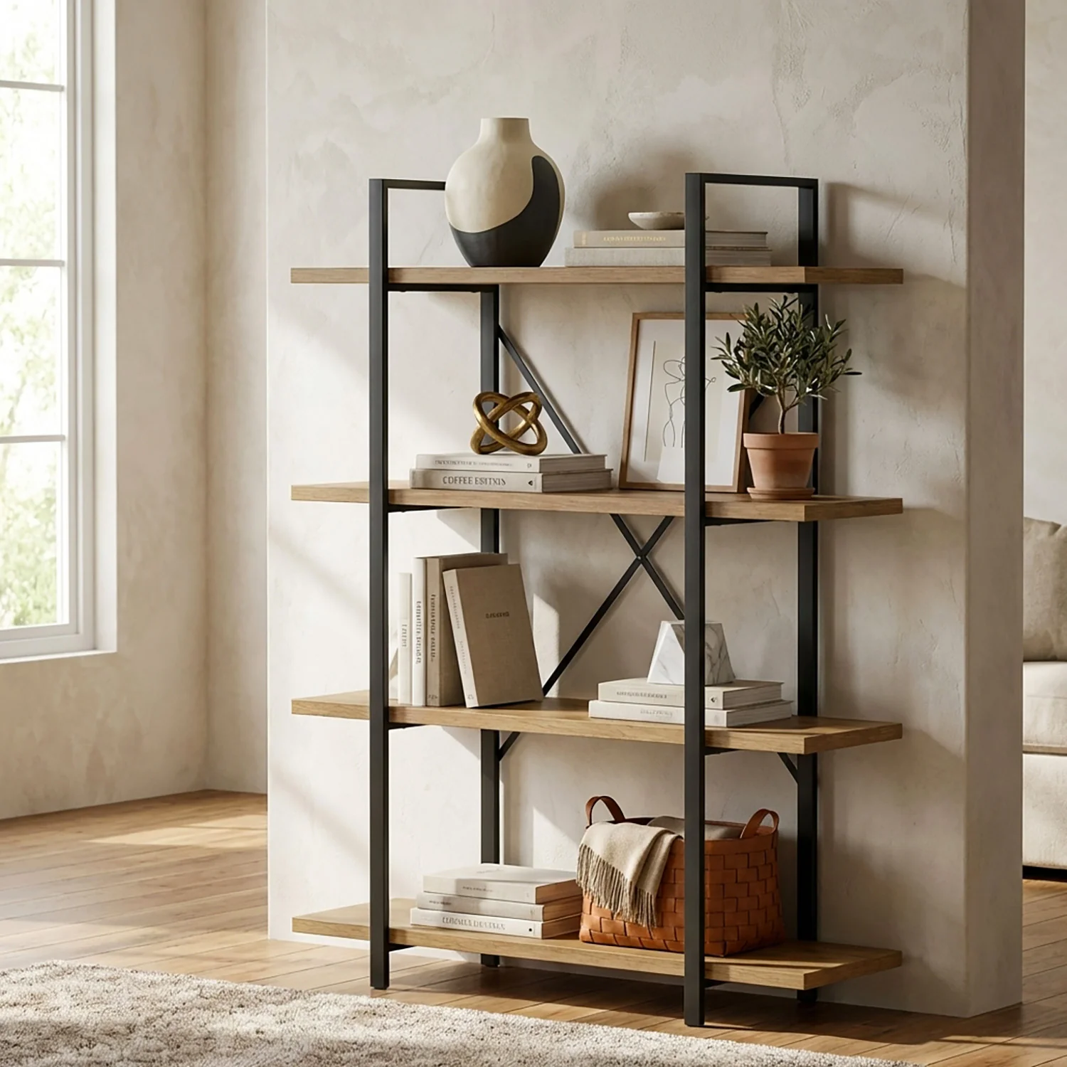 Envision Rustic Oak 4-Tier Bookcase Storage Shelf Organizer - Image 2