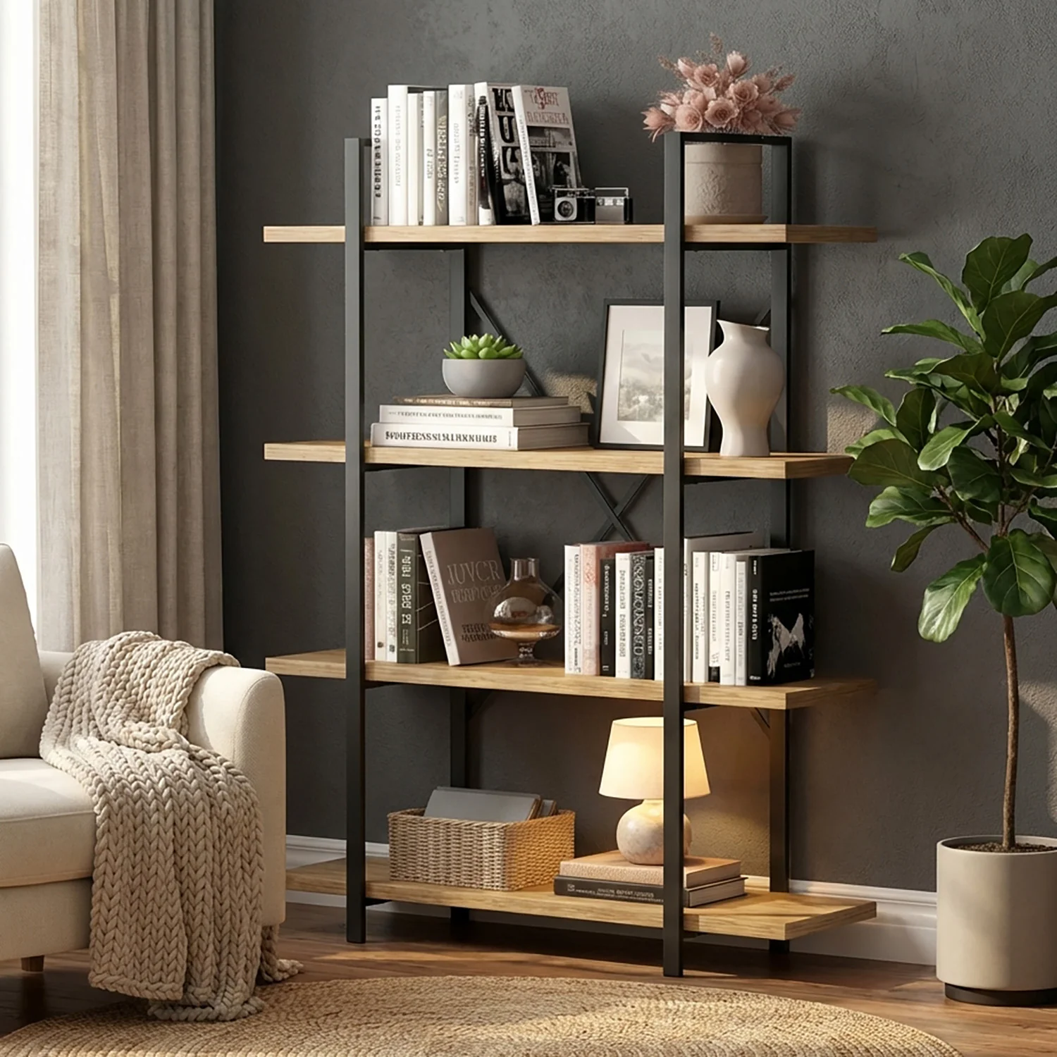 Envision Rustic Oak 4-Tier Bookcase Storage Shelf Organizer - Image 28